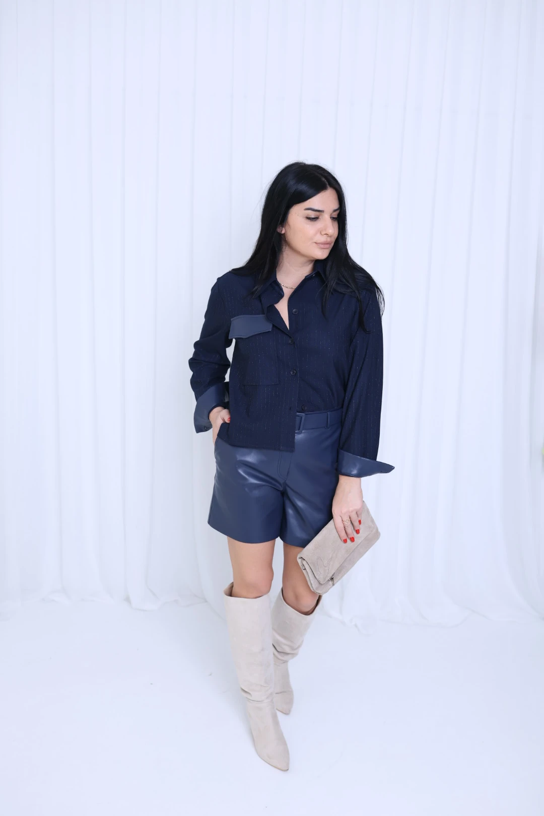 Tasarım Deri Garnili Gömlek-Lacivert