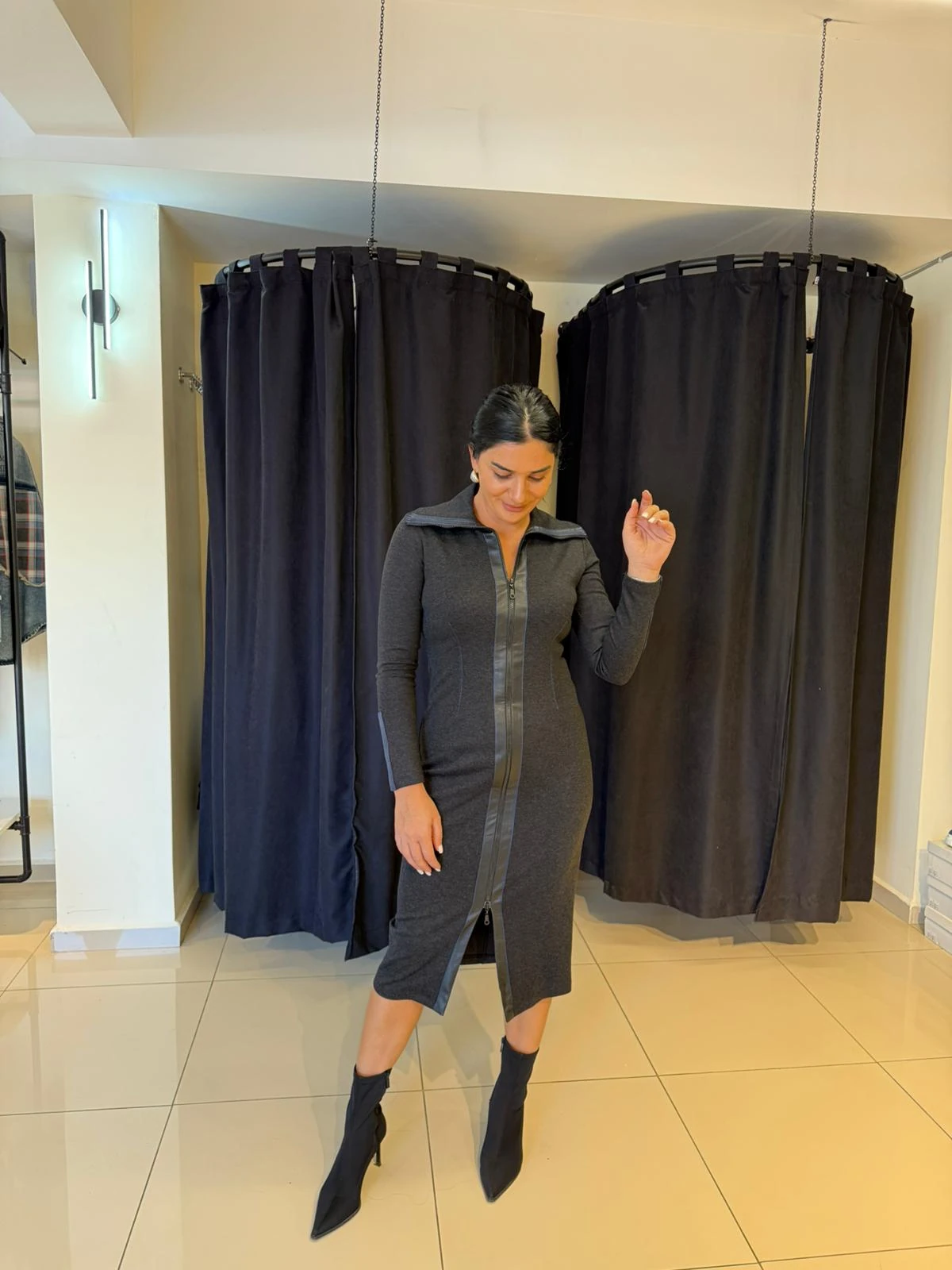 Kasha Fermuarlı Uzun Elbise-Antrasit