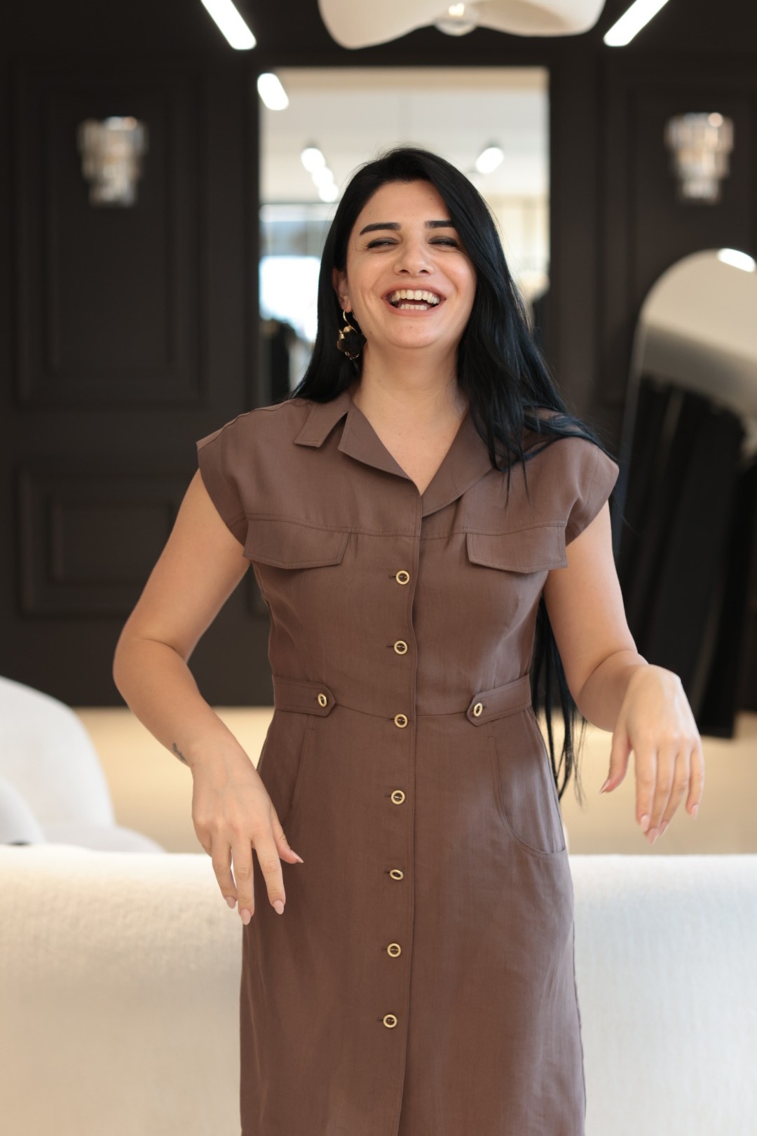 Kahve Tencel Düğmeli Elbise 