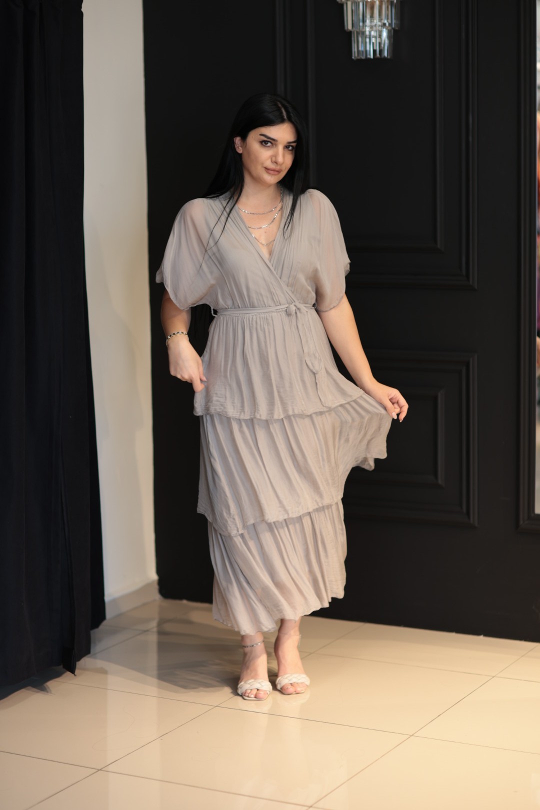 İthal İpek Romantik Elbise-Vizon