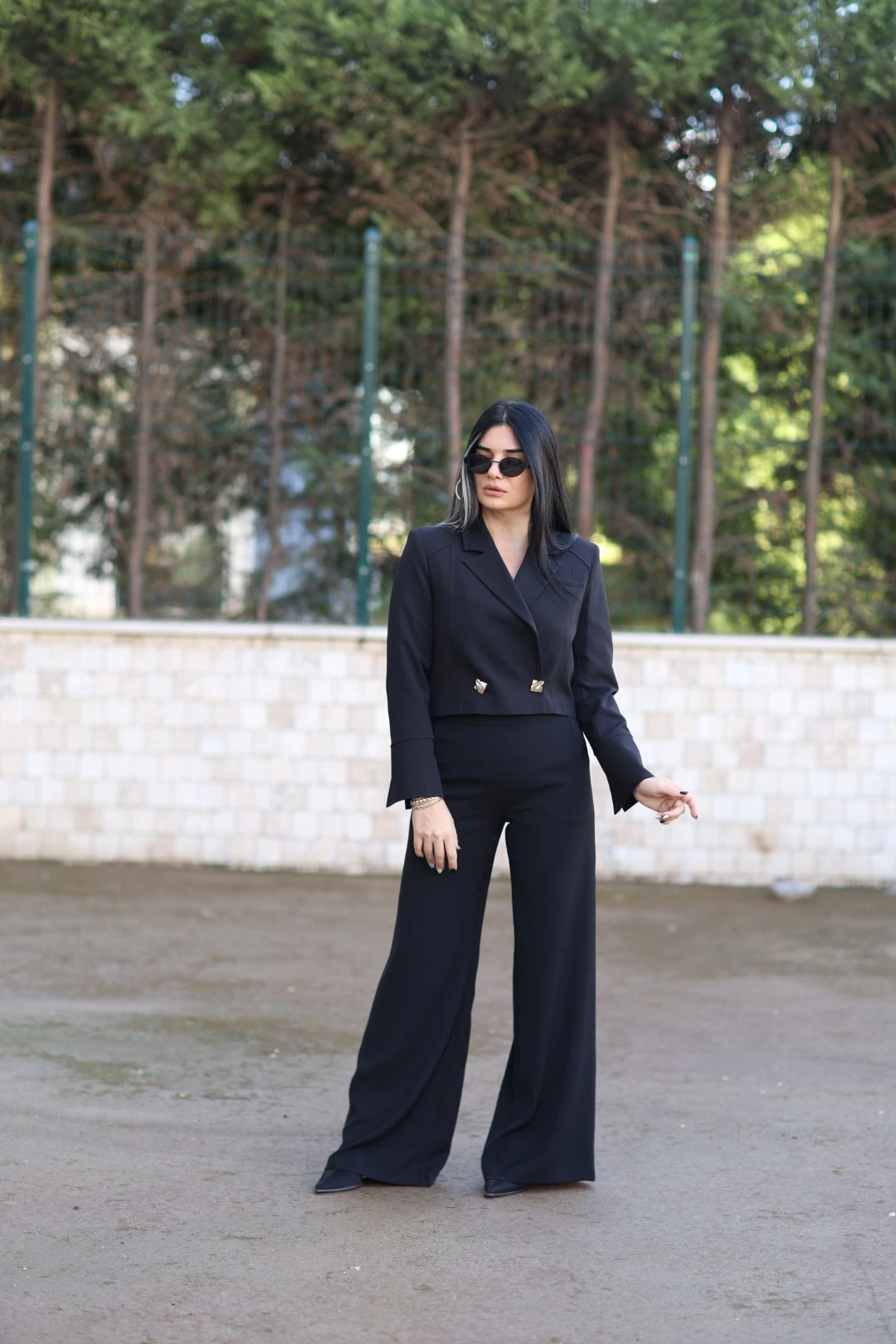 Bol Paça Tasarım Pantolon-Siyah