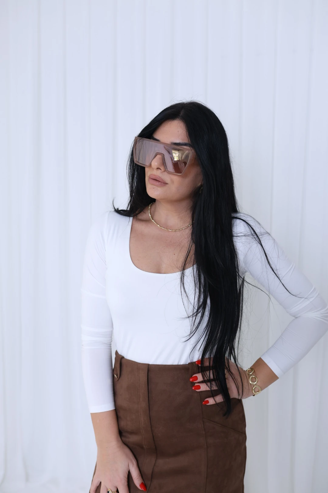 Kare Yaka Uzun Kol Bluz-Beyaz