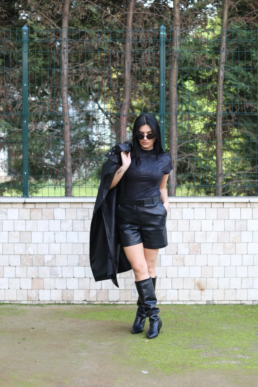 Kasha Doğal Deri Tasarım Şort-Siyah