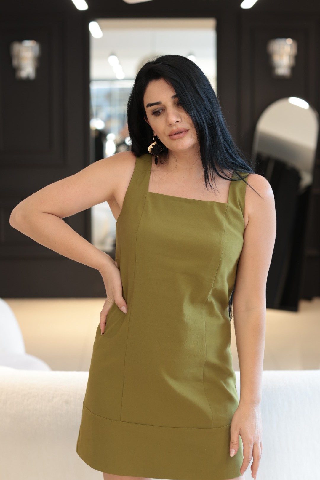 Olive Cepli Kolsuz Elbise 
