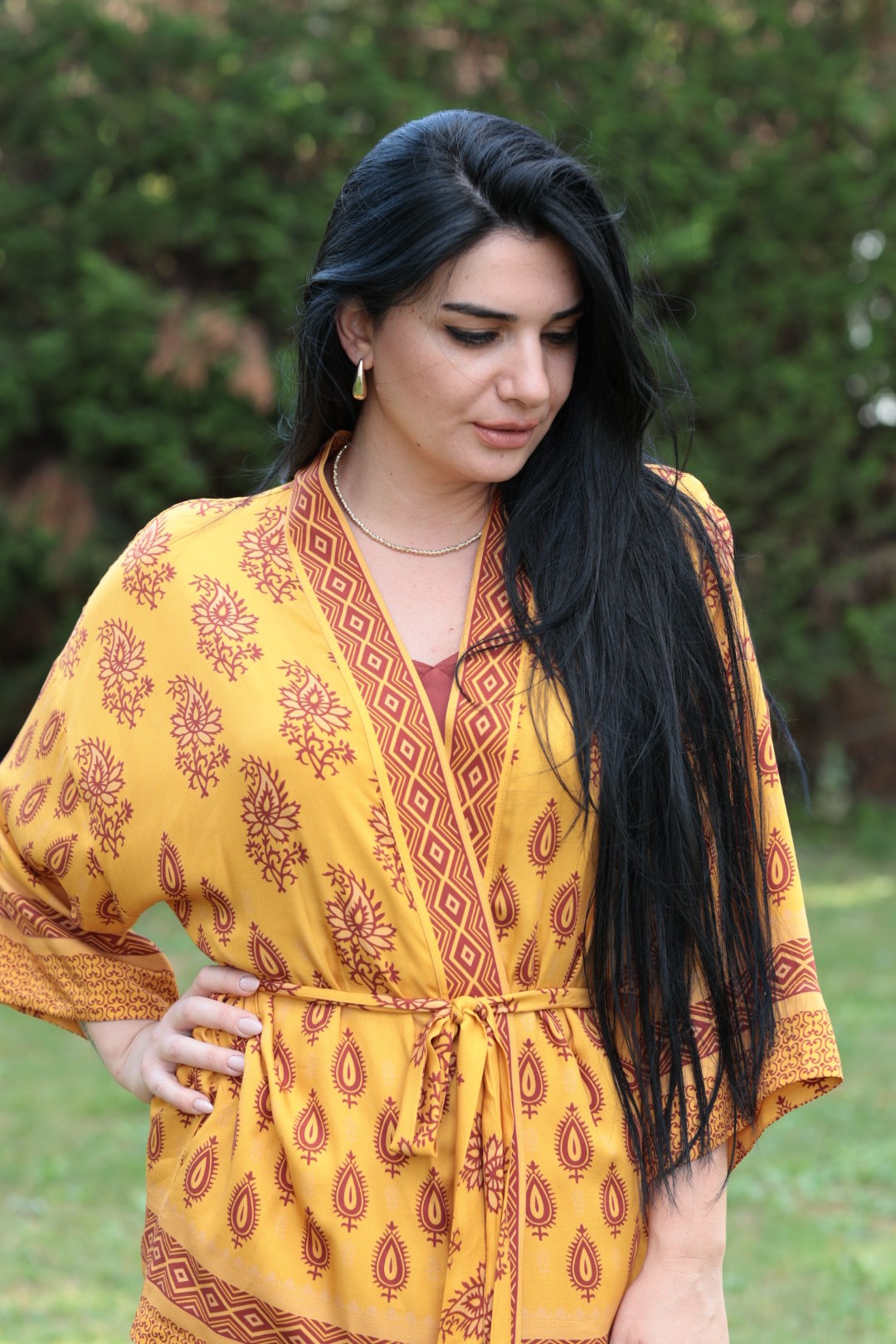 Hardal Etnik Desen Kimono