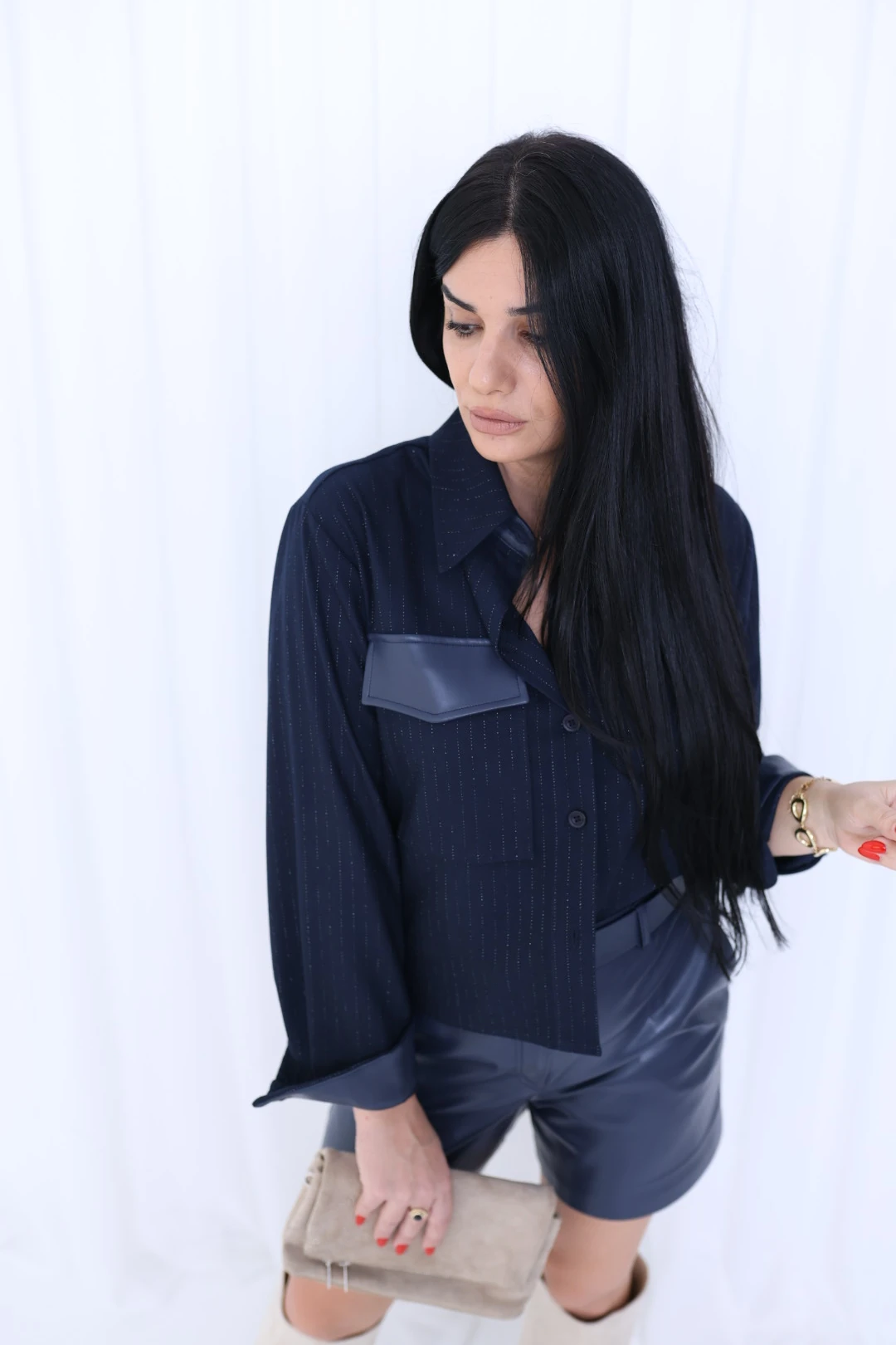 Tasarım Deri Garnili Gömlek-Lacivert