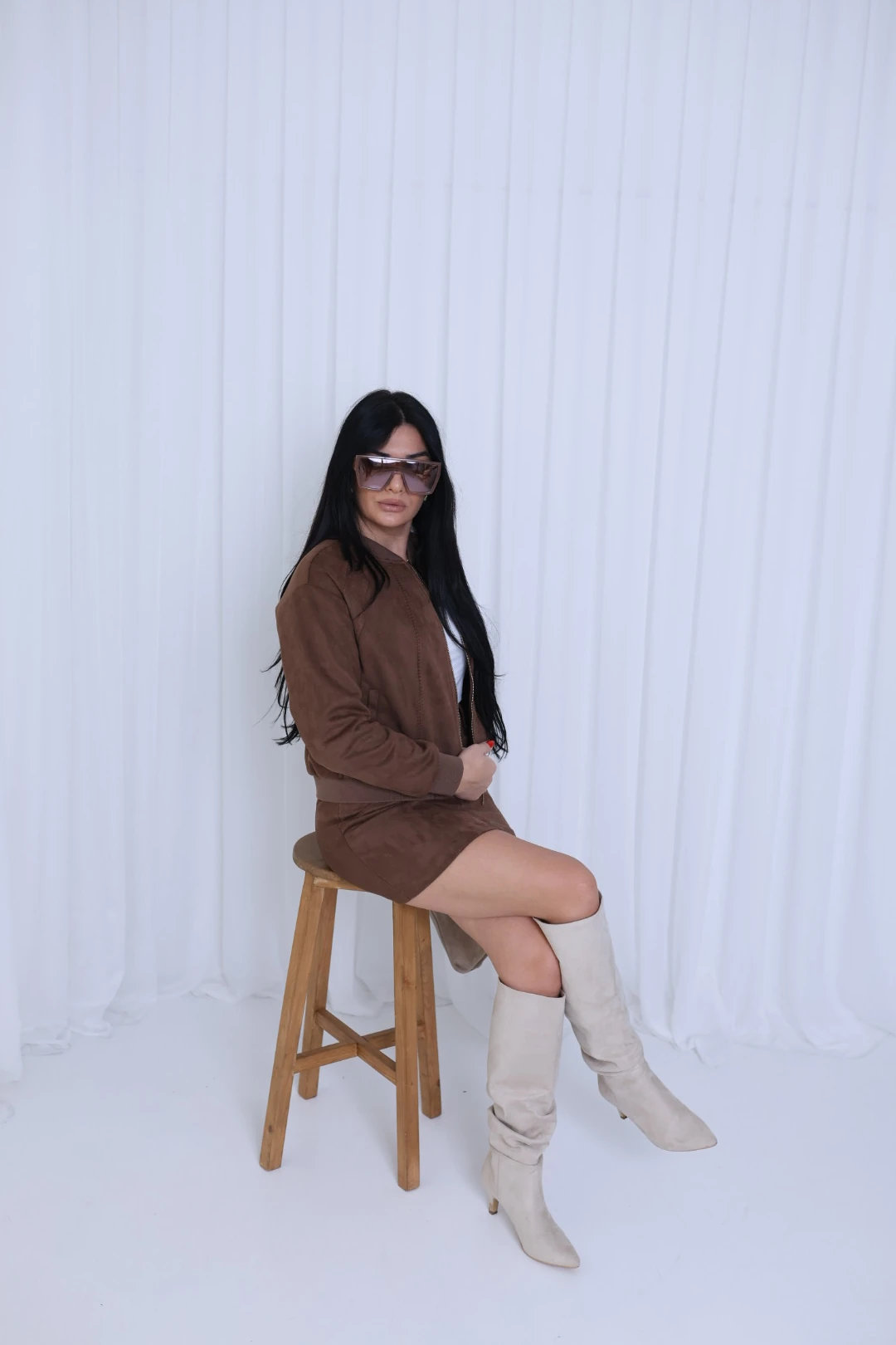 Tasarım Süet Mini Etek-Kahverengi