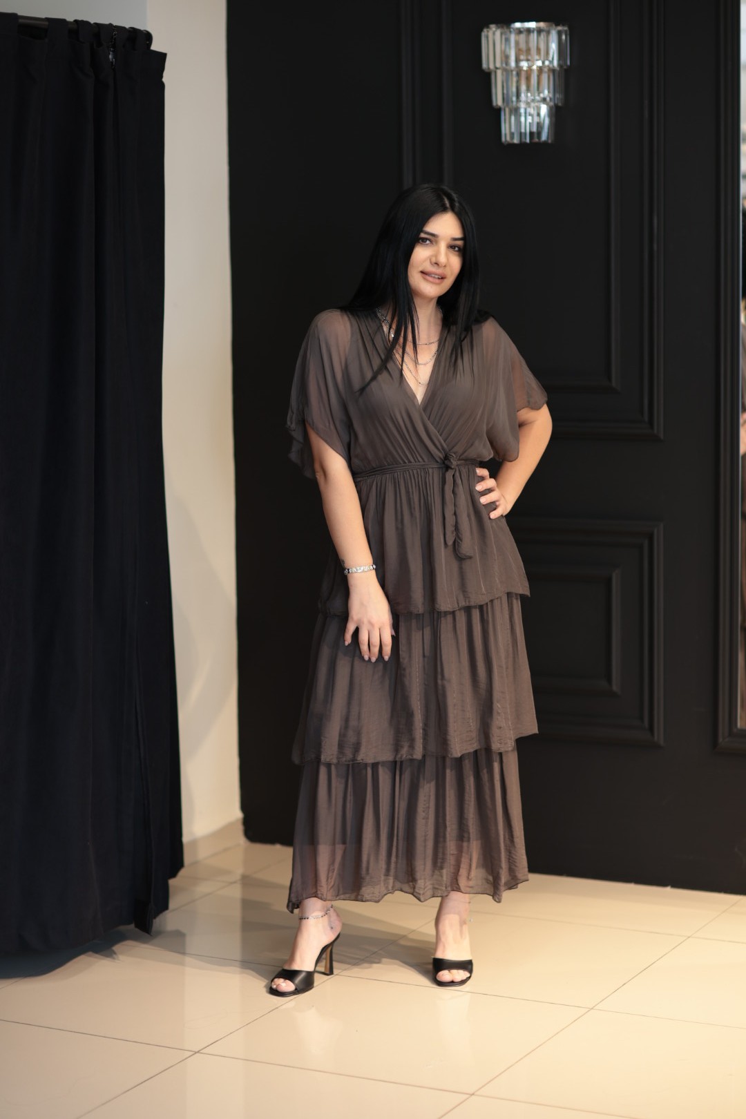 İthal İpek Romantik Elbise-Antrasit