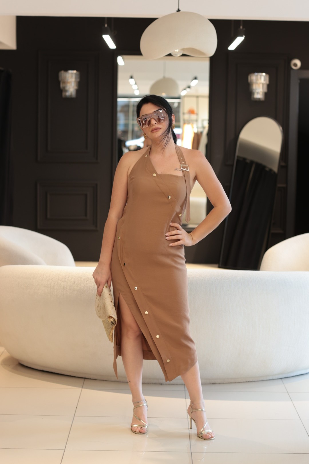 Taba Asitmetrik Yırtmaçlı Elbise