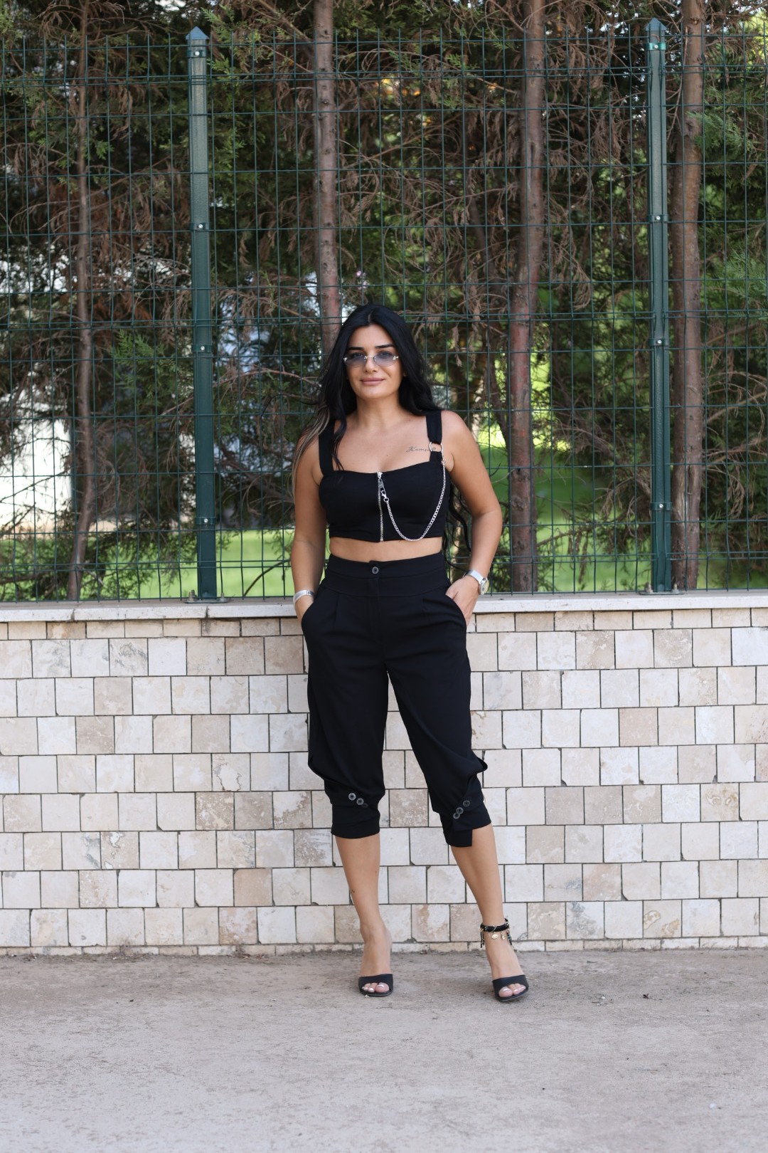 Düğmeli Kumaş Pantolon-Siyah