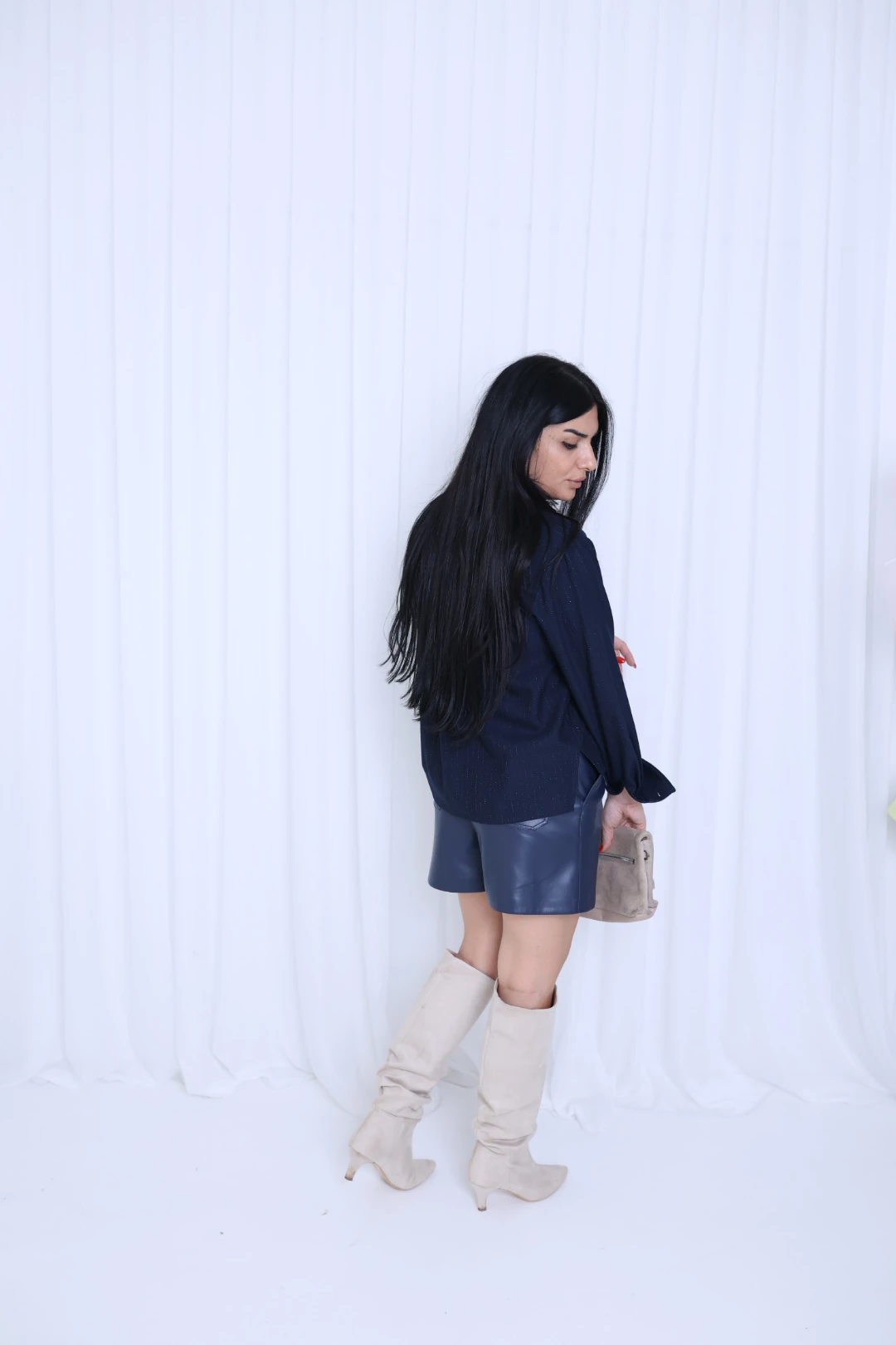 Tasarım Deri Garnili Gömlek-Lacivert