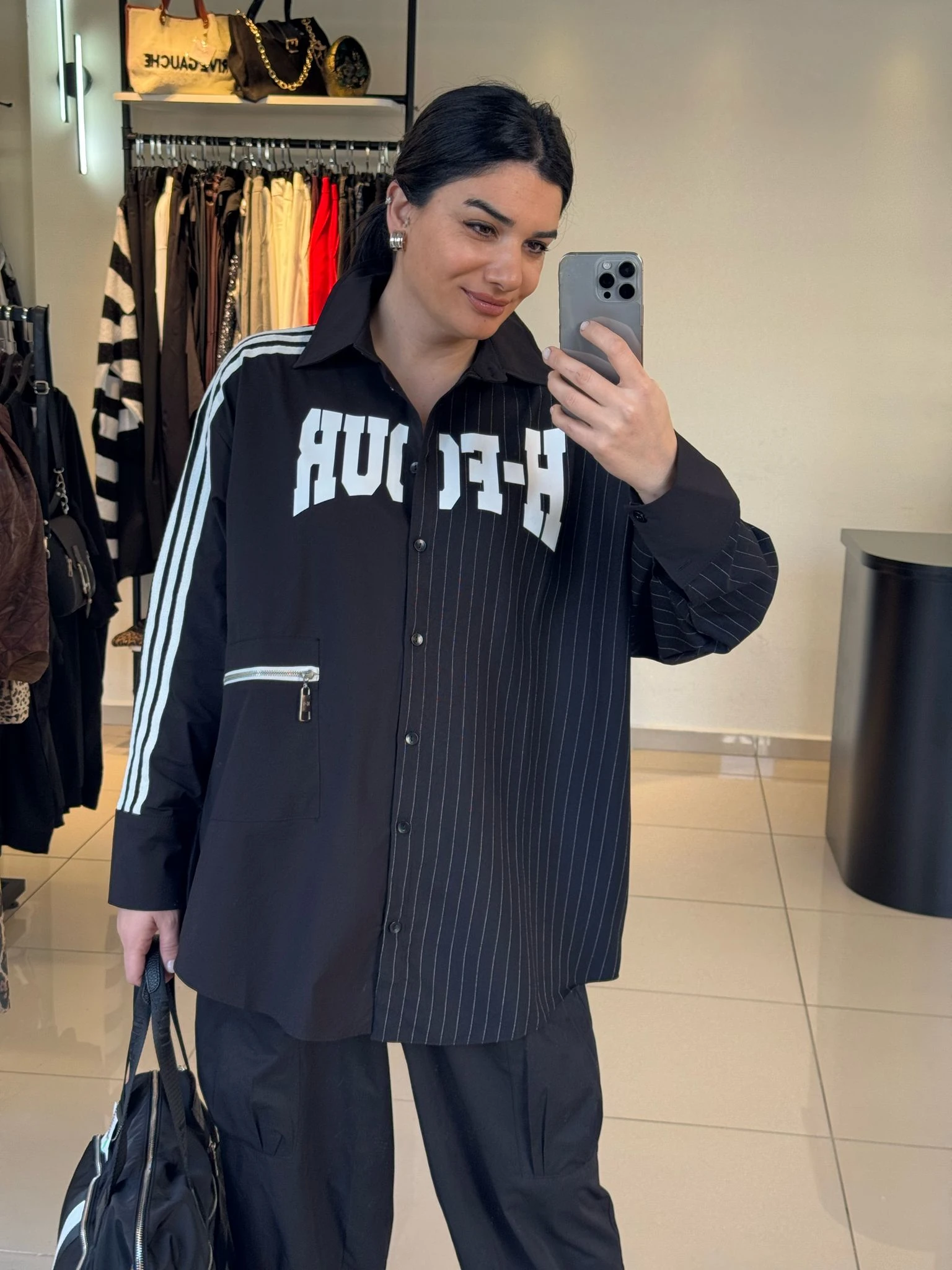 Fermuarlı Cep Detaylı Çizgili Tasarım Gömlek-Siyah