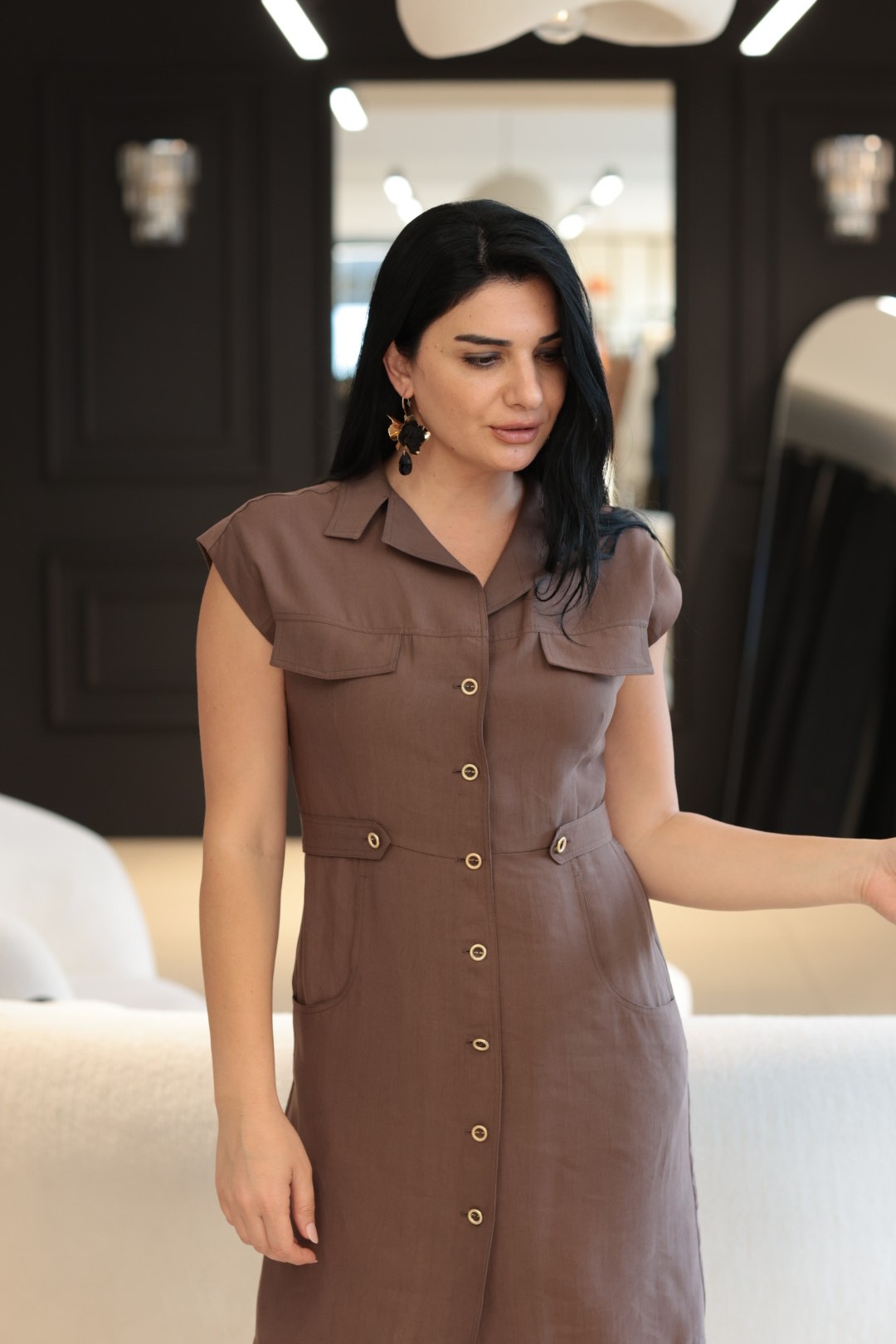 Kahve Tencel Düğmeli Elbise 