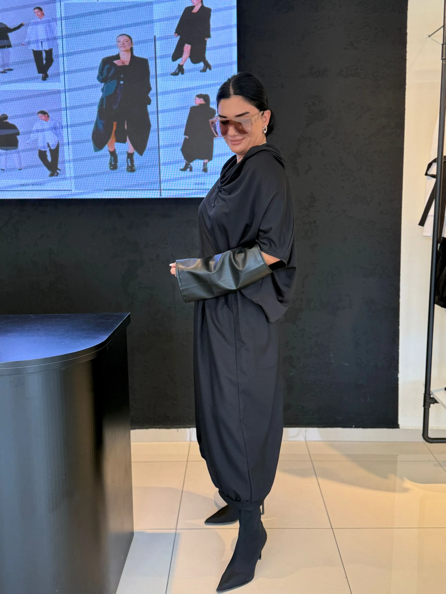 Dökümlü Doğal Deri/Jarse Kumaş Tasarım Bluz-Siyah