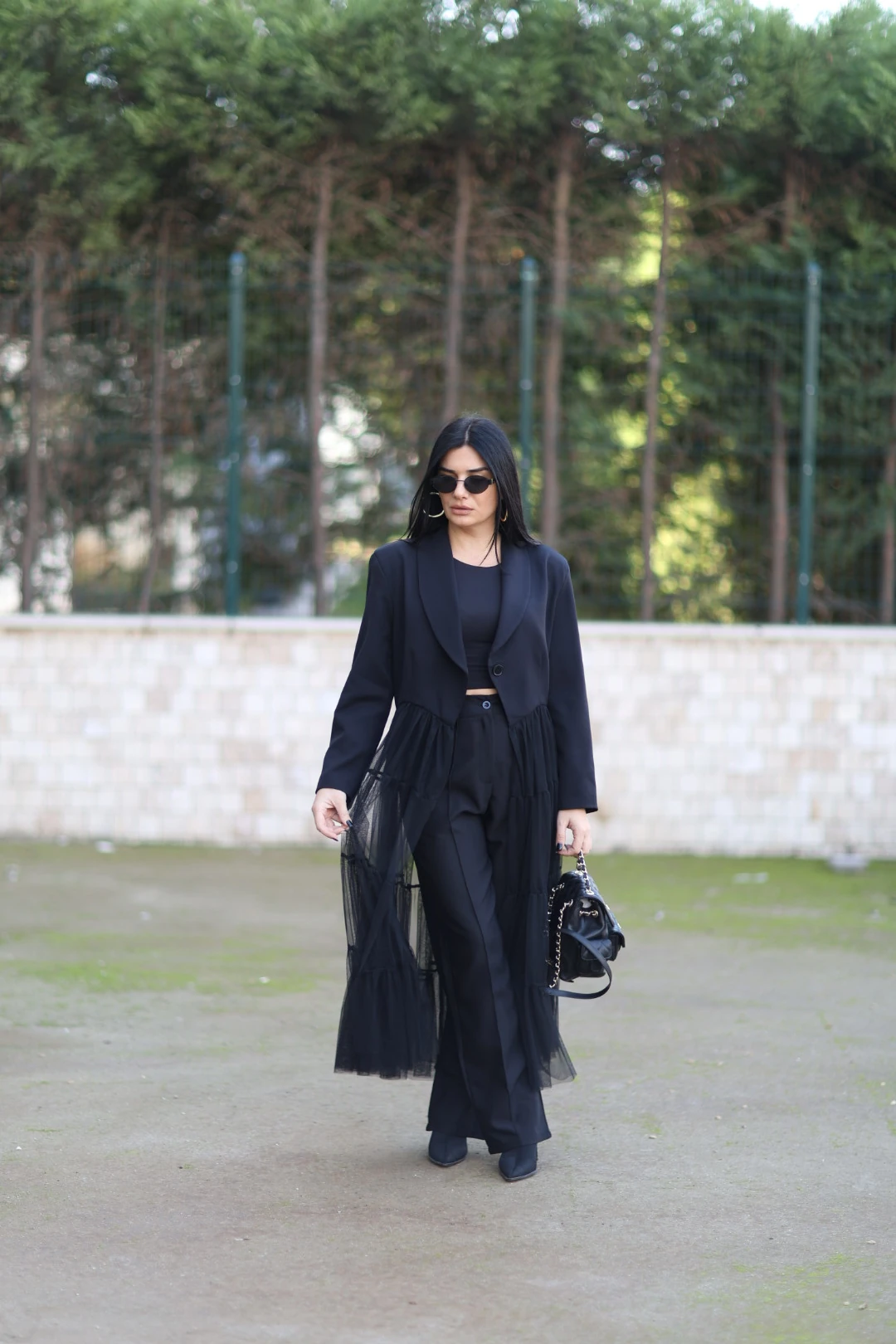 H4 Tüllü Tasarım Trençkot-Siyah