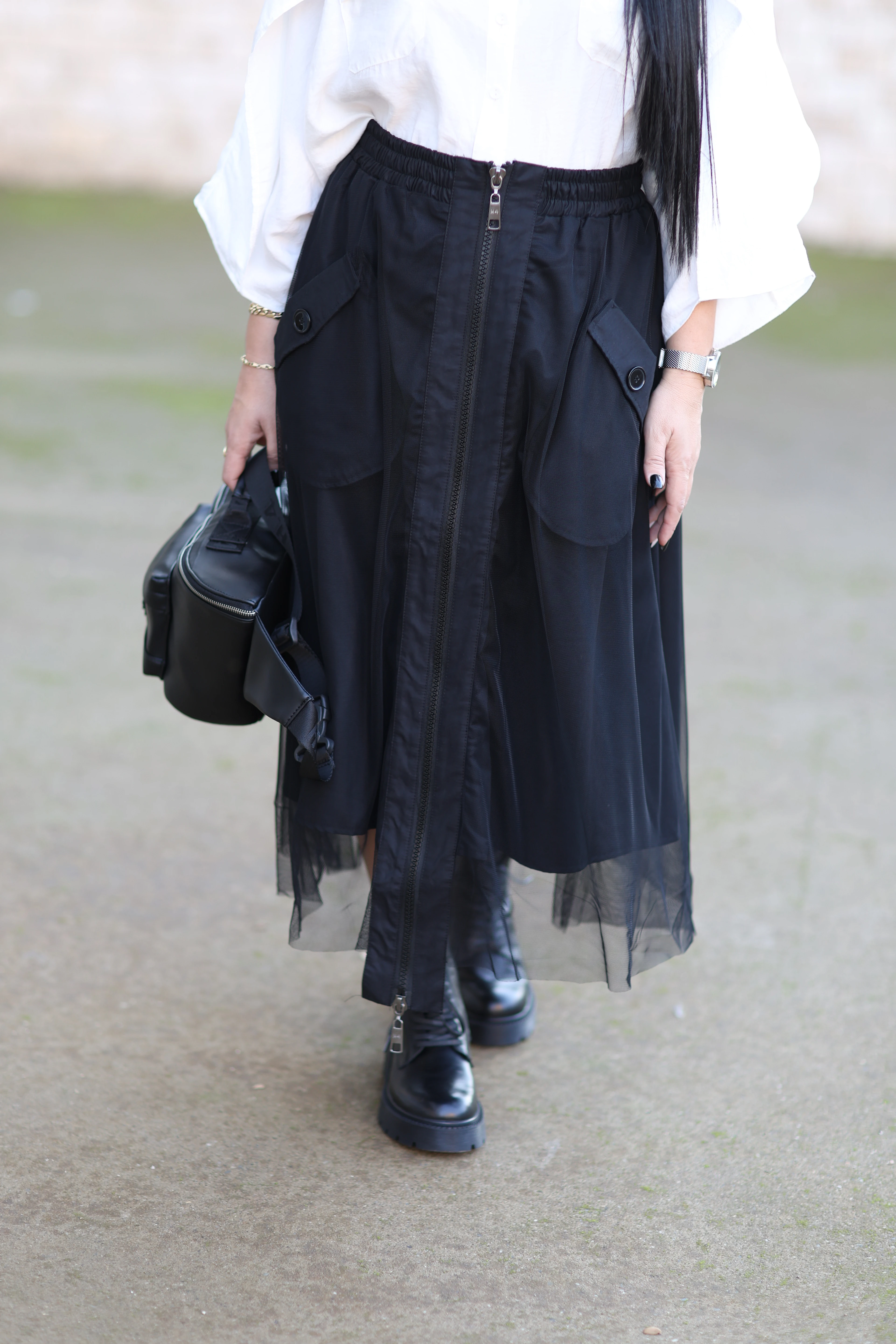 H4 Tül Detaylı Tasarım Etek-Siyah