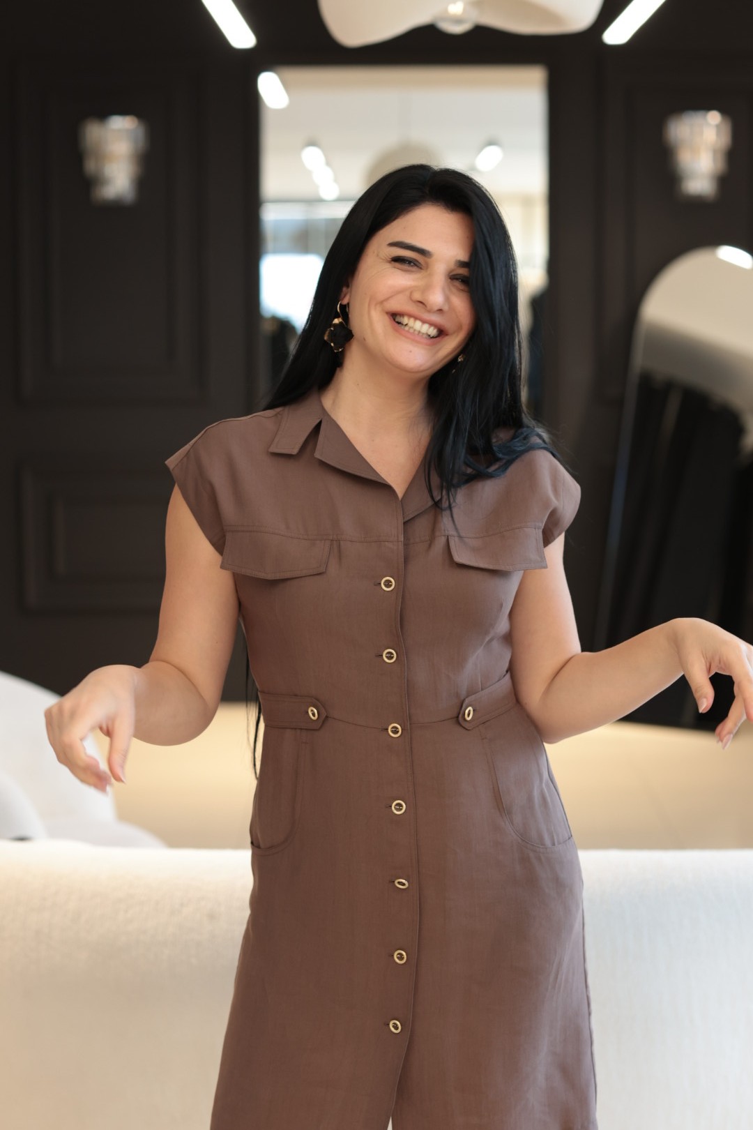 Kahve Tencel Düğmeli Elbise 