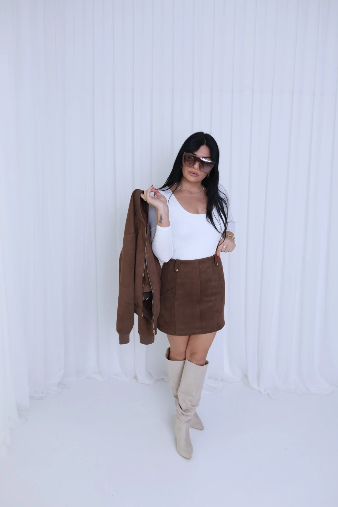 Tasarım Süet Mini Etek-Kahverengi