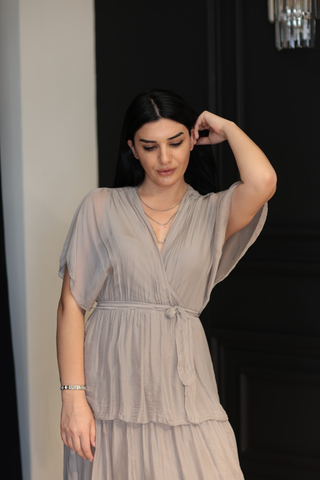 İthal İpek Romantik Elbise-Vizon