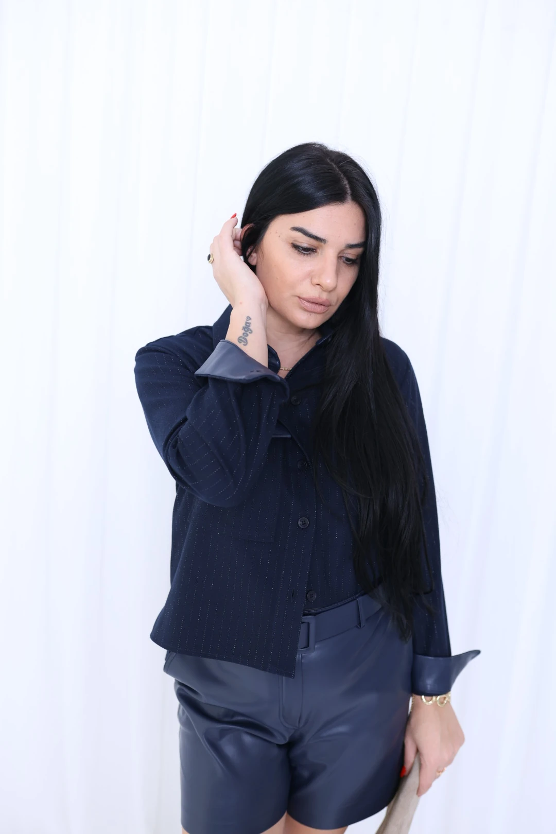 Tasarım Deri Garnili Gömlek-Lacivert