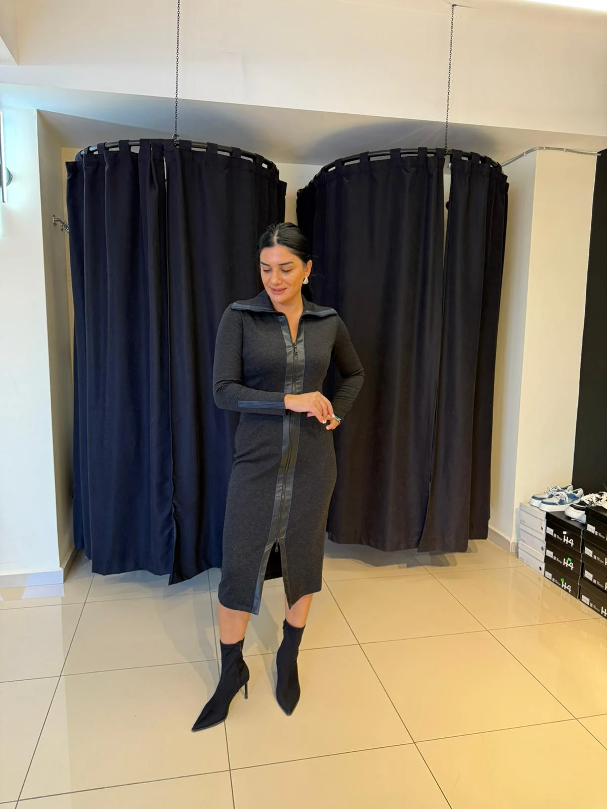 Kasha Fermuarlı Uzun Elbise-Antrasit