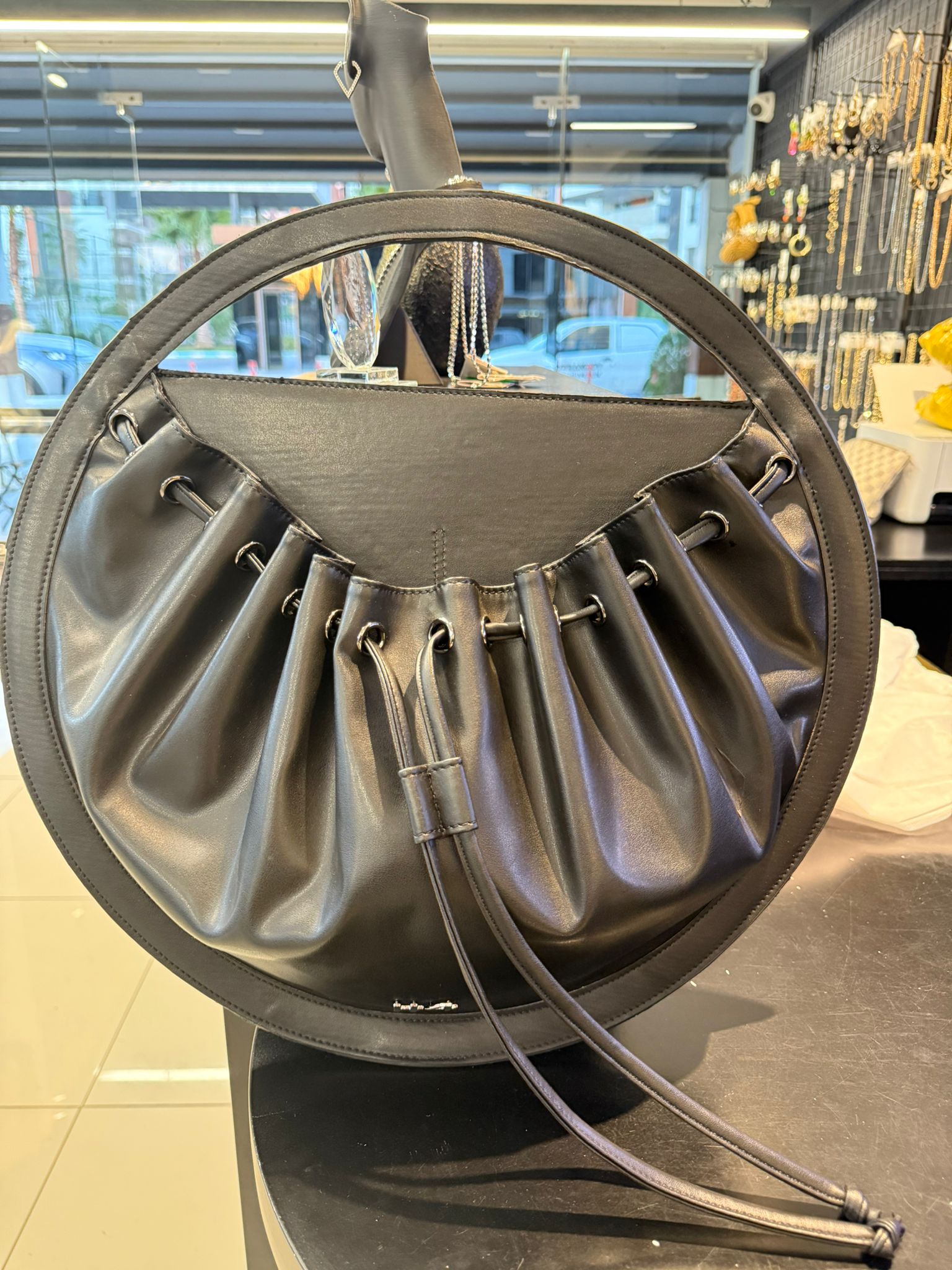 Deri Detaylı Tasarım Çanta-Siyah