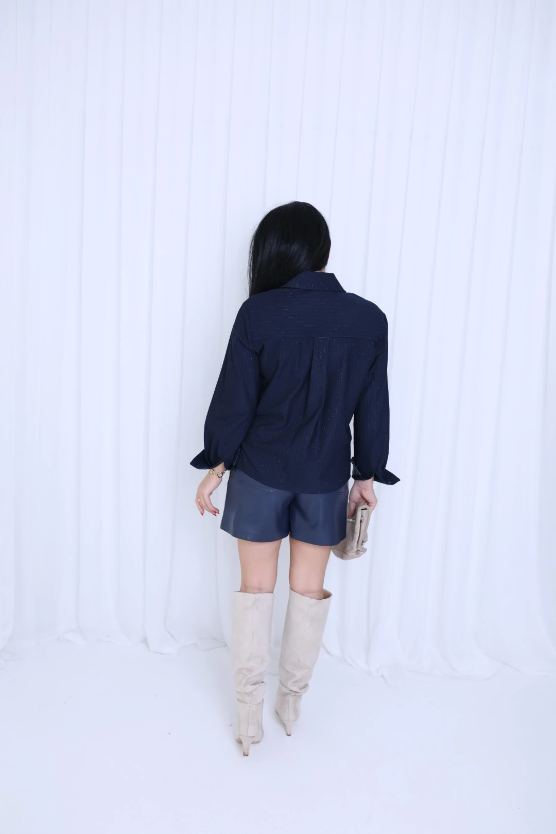 Tasarım Deri Garnili Gömlek-Lacivert