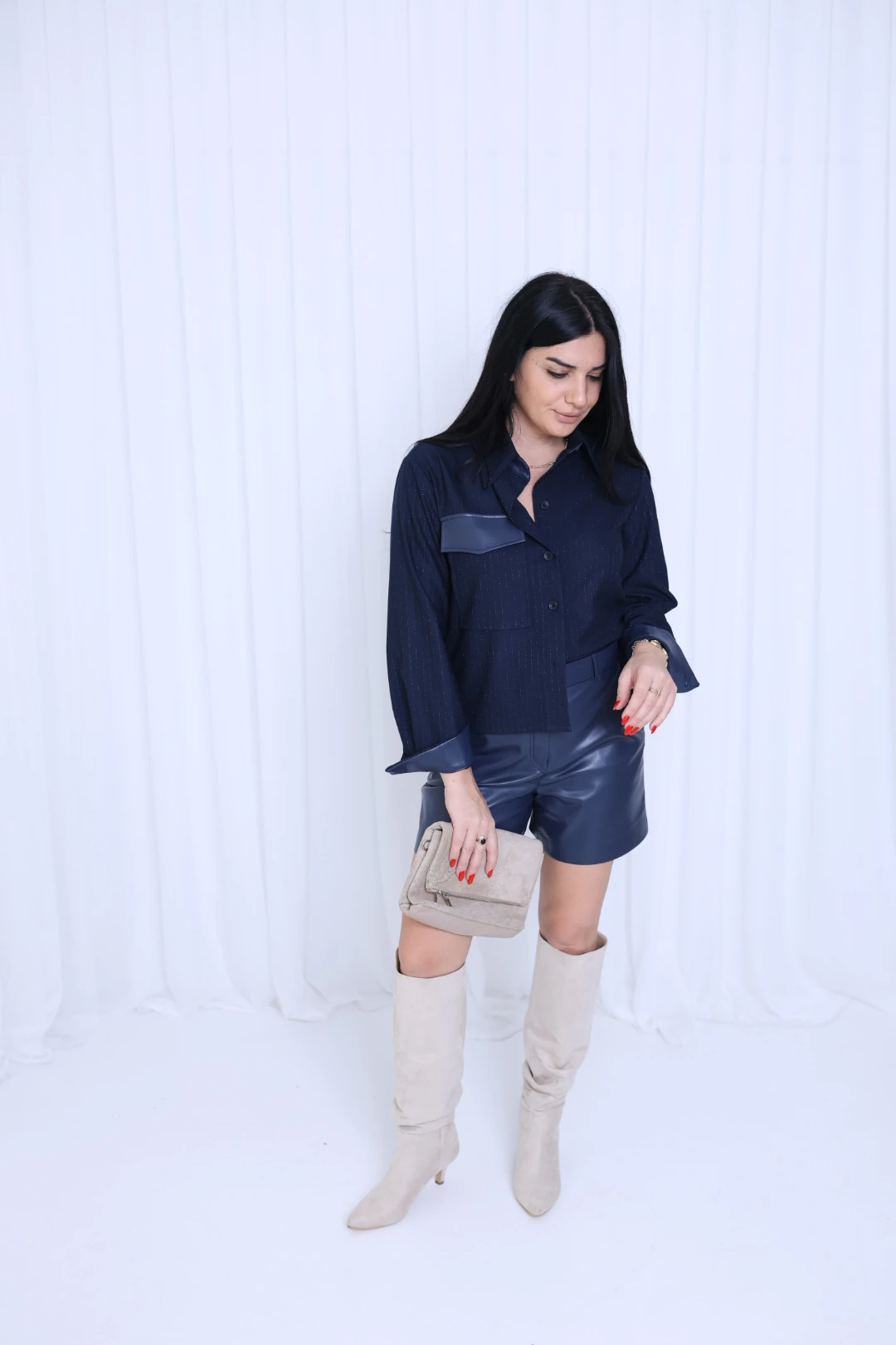 Tasarım Deri Garnili Gömlek-Lacivert