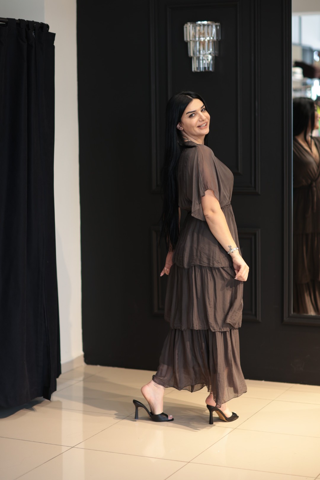 İthal İpek Romantik Elbise-Antrasit