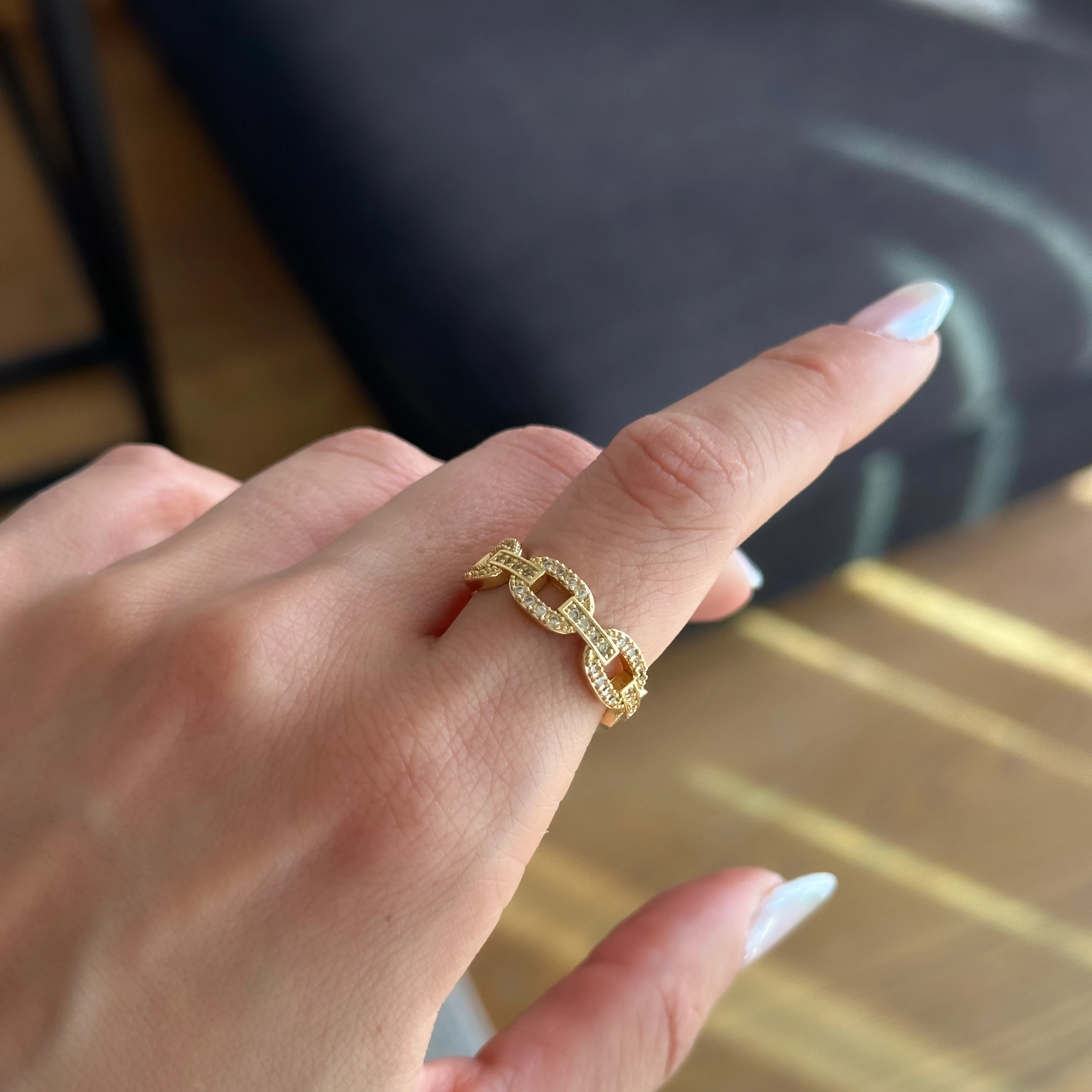 Full Taşlı Zincir Desen  Gold Yüzük