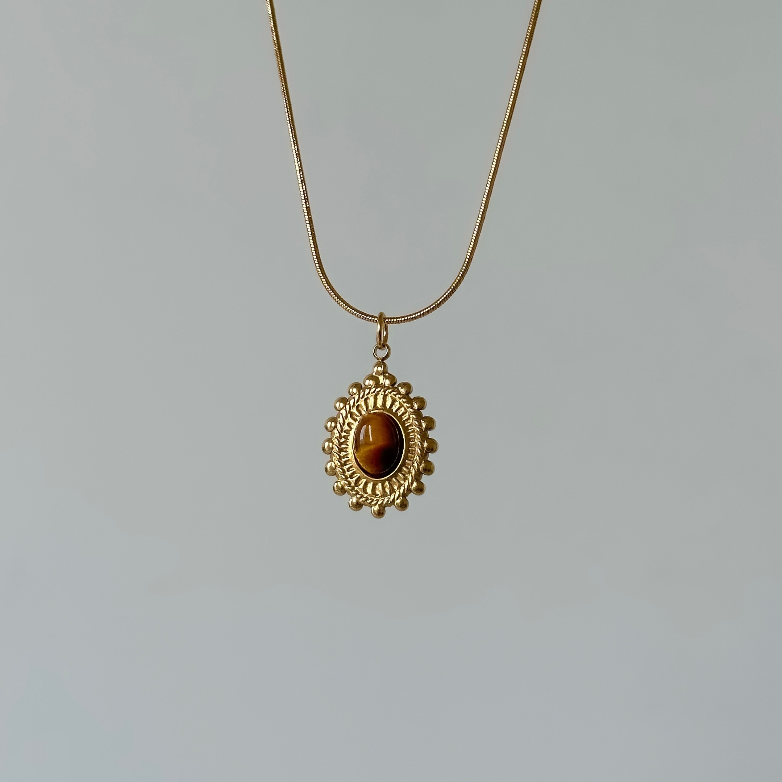 Leopar Taş Detaylı Oval Çelik Plaka Kolye