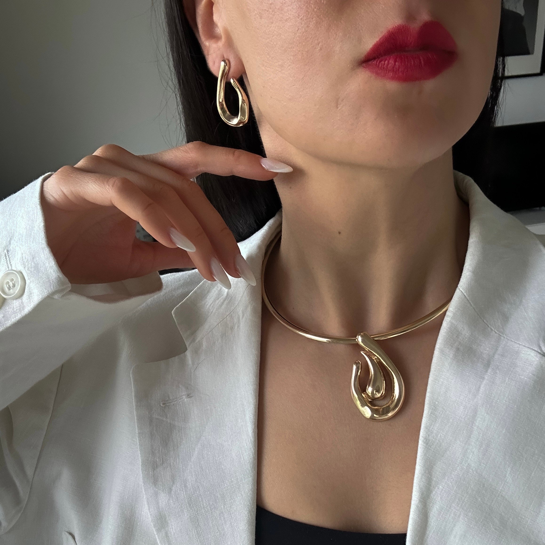 Oval Figür Şık Kolye Küpe Takım