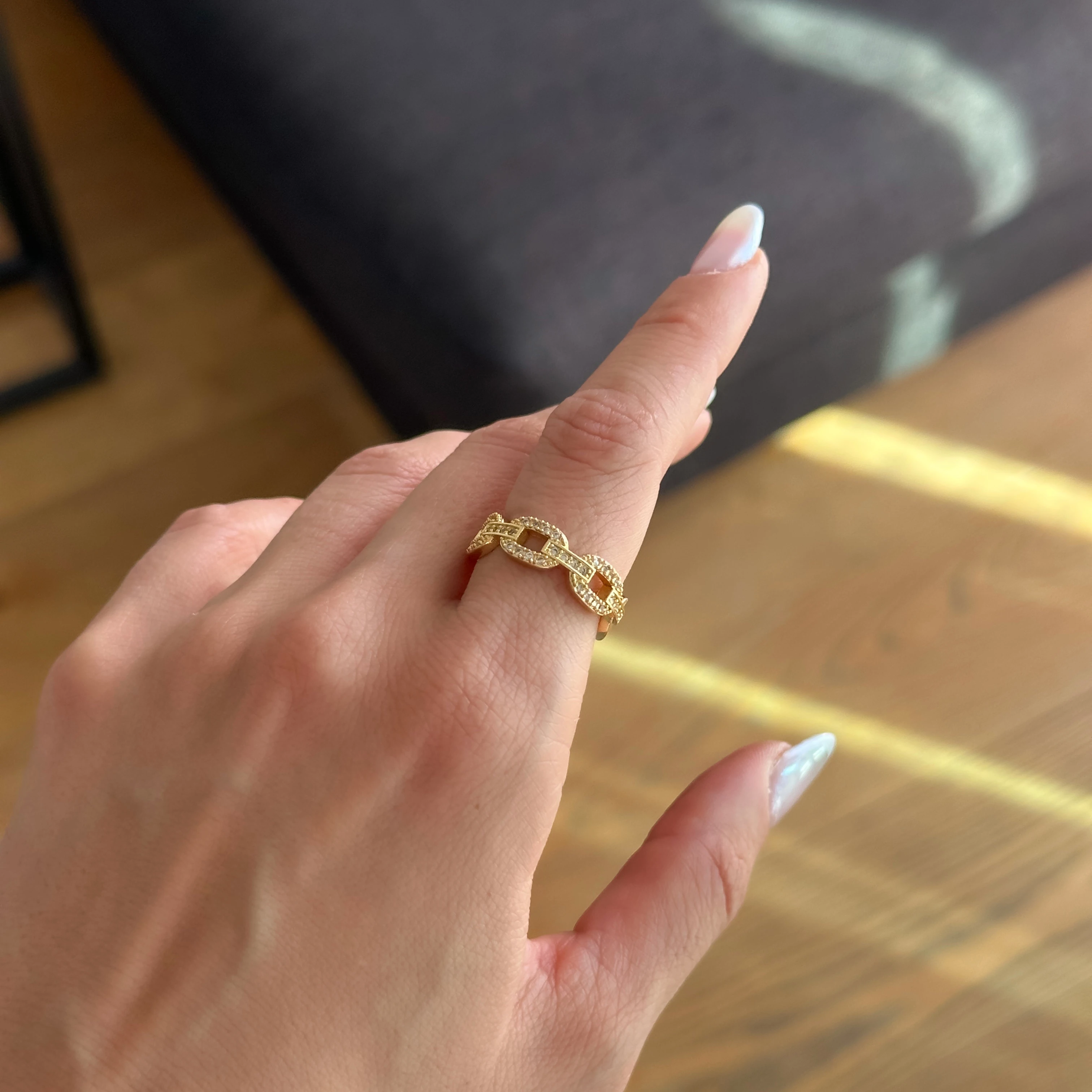 Full Taşlı Zincir Desen  Gold Yüzük