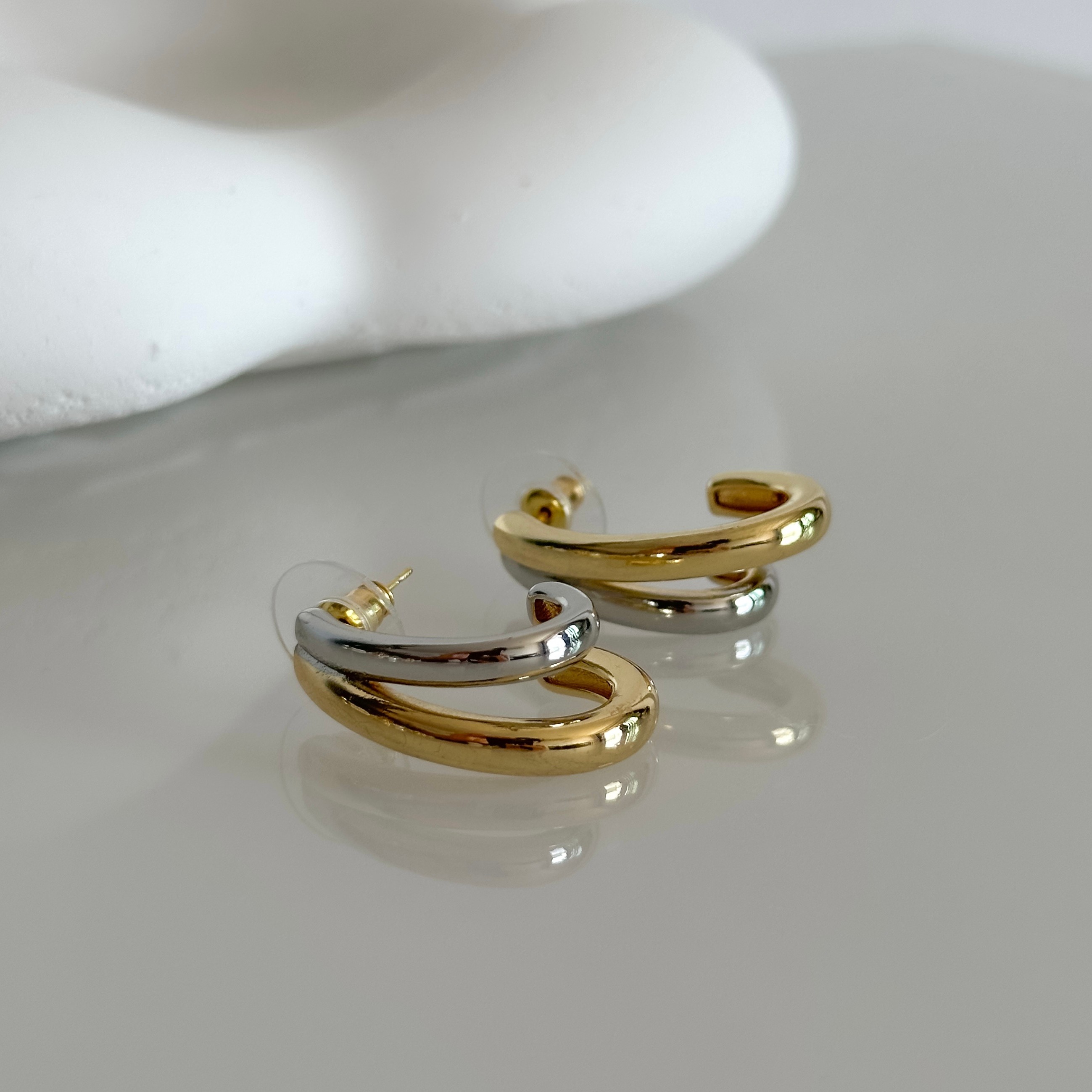Çift Şerit Gold Silver Çift Şerit Küpe