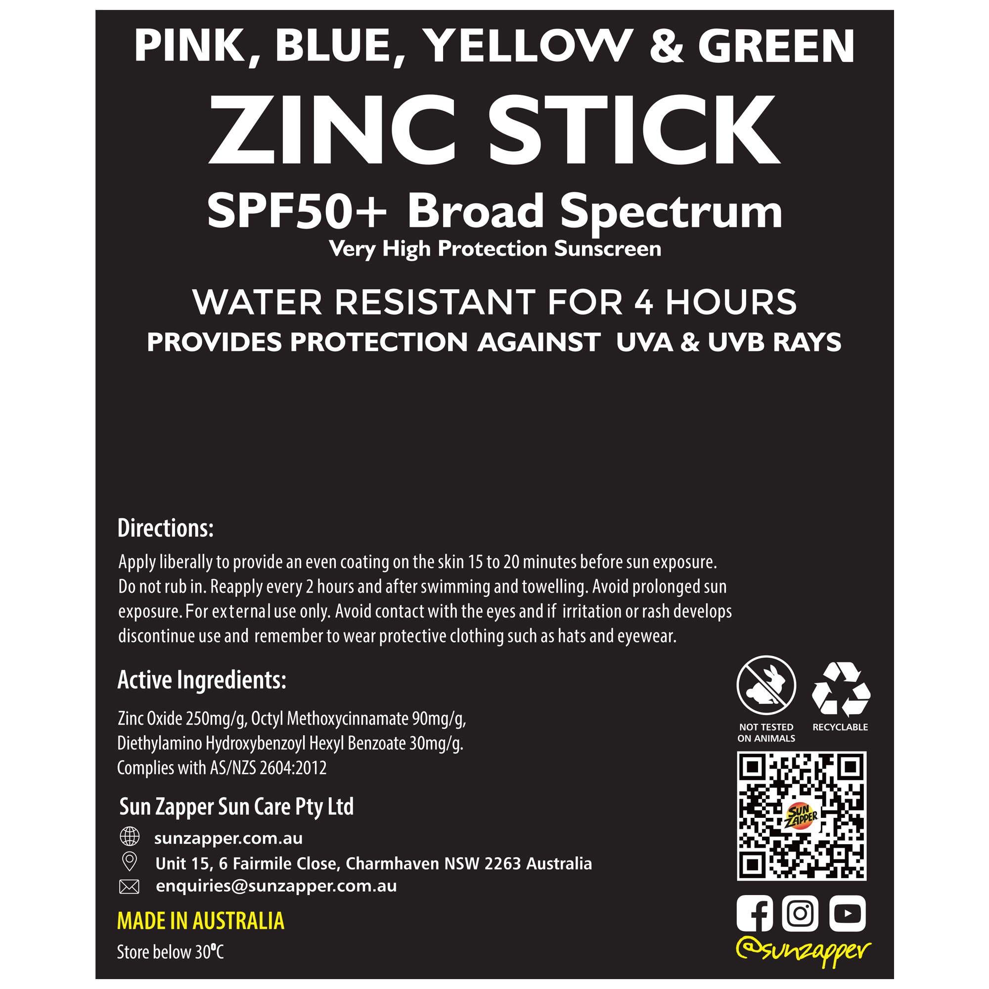 Zinc Stick Rainbow 4-Pack 48g Pink Blue Yellow Green