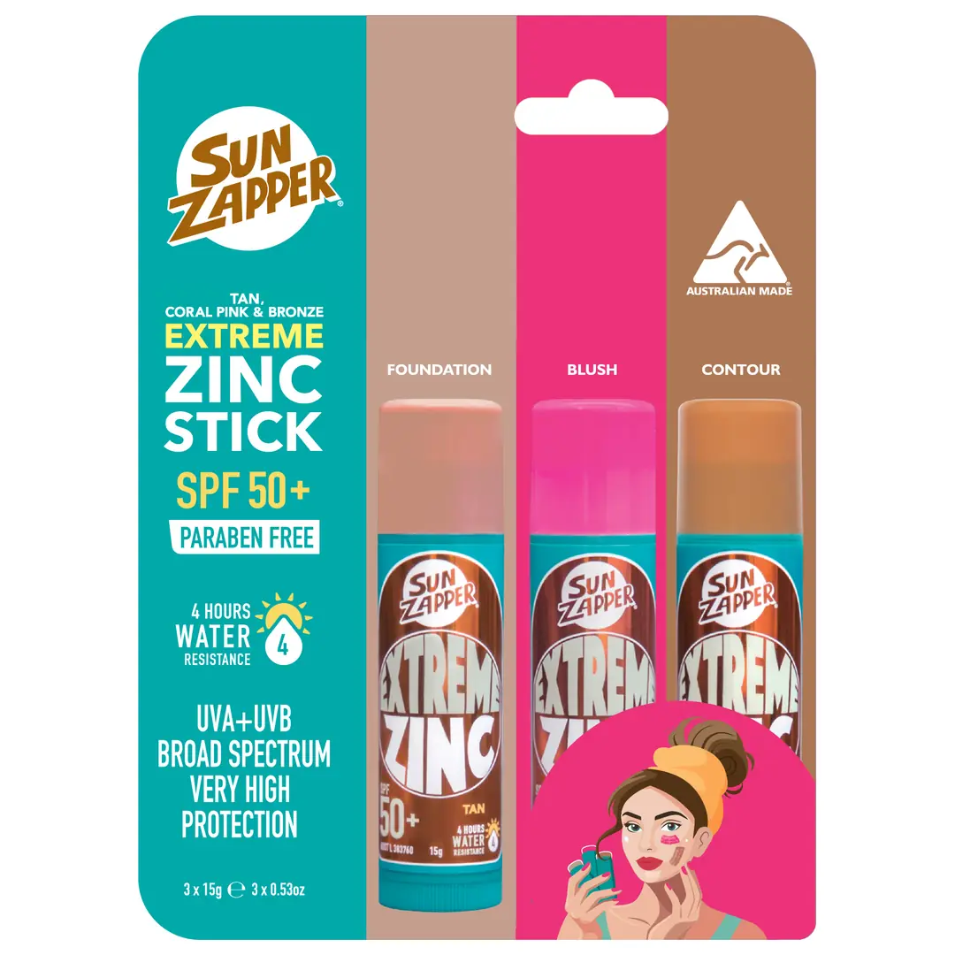 Sun Zapper Extreme Zinc Stick BEAUTY Triple Pack 45g Tan Pink Bronze