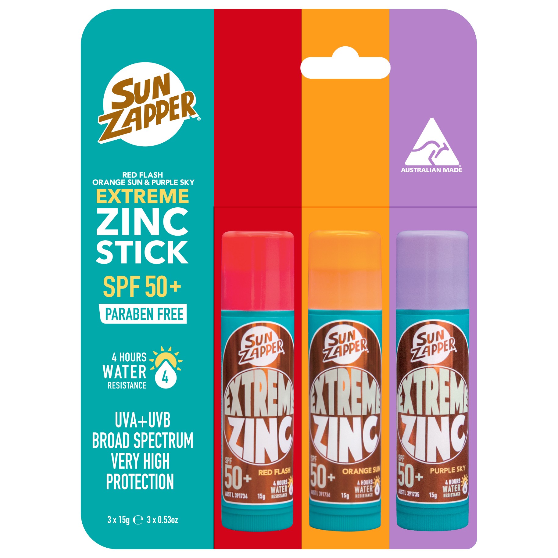 Extreme Zinc Stick Triple Pack 45g Red Orange Purple