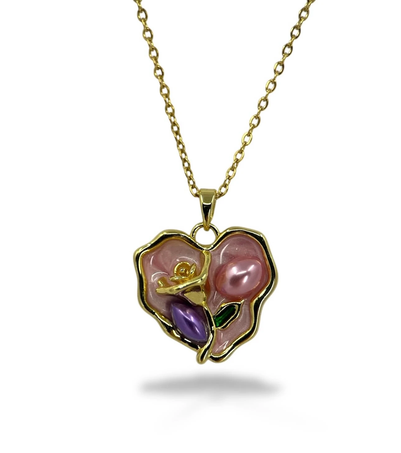 Kalp Formlu Çiçek & İnci Detaylı Kolye