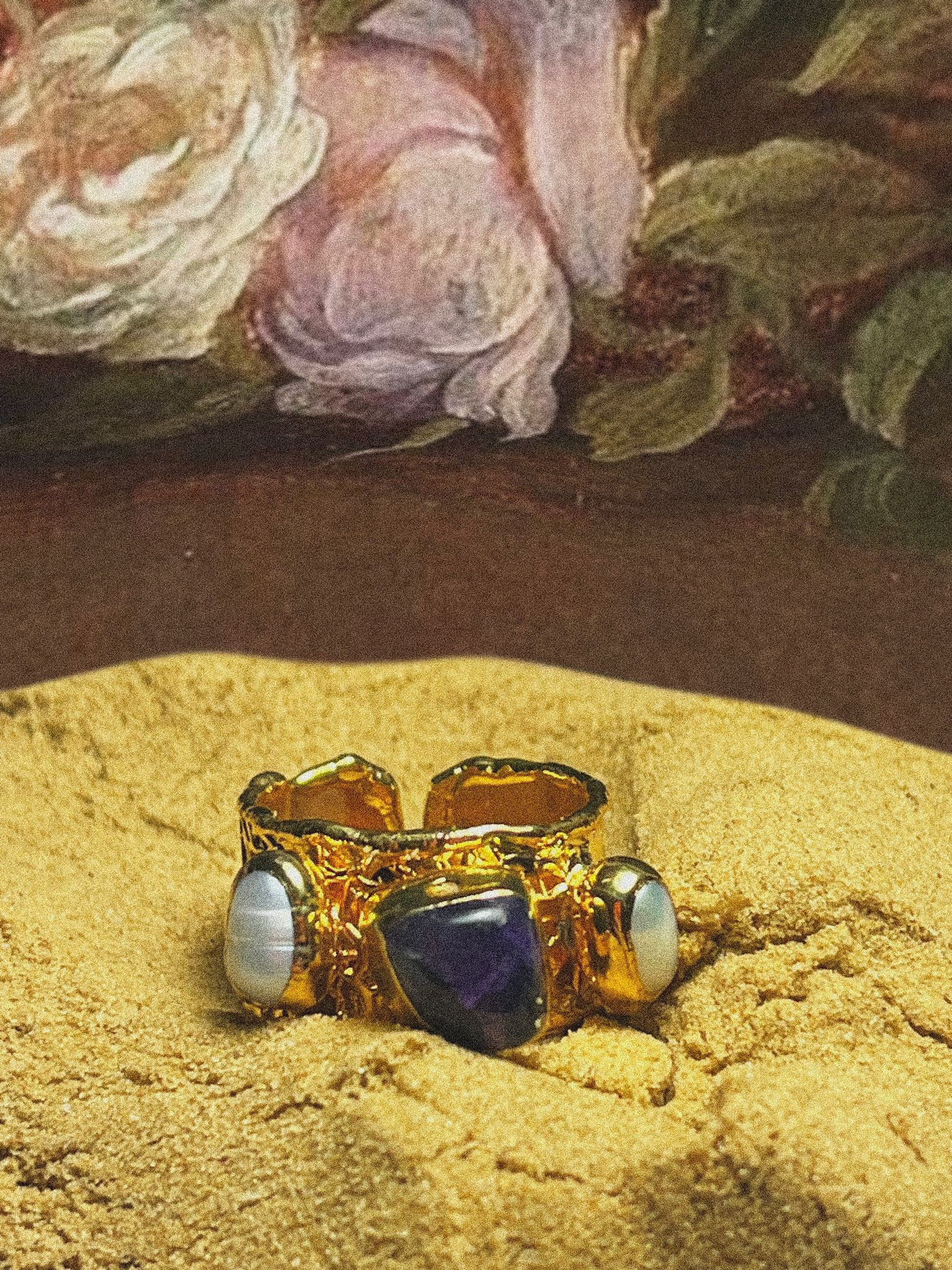 Doğal İncili & Ametist Taşlı Altın Kaplama Yüzük