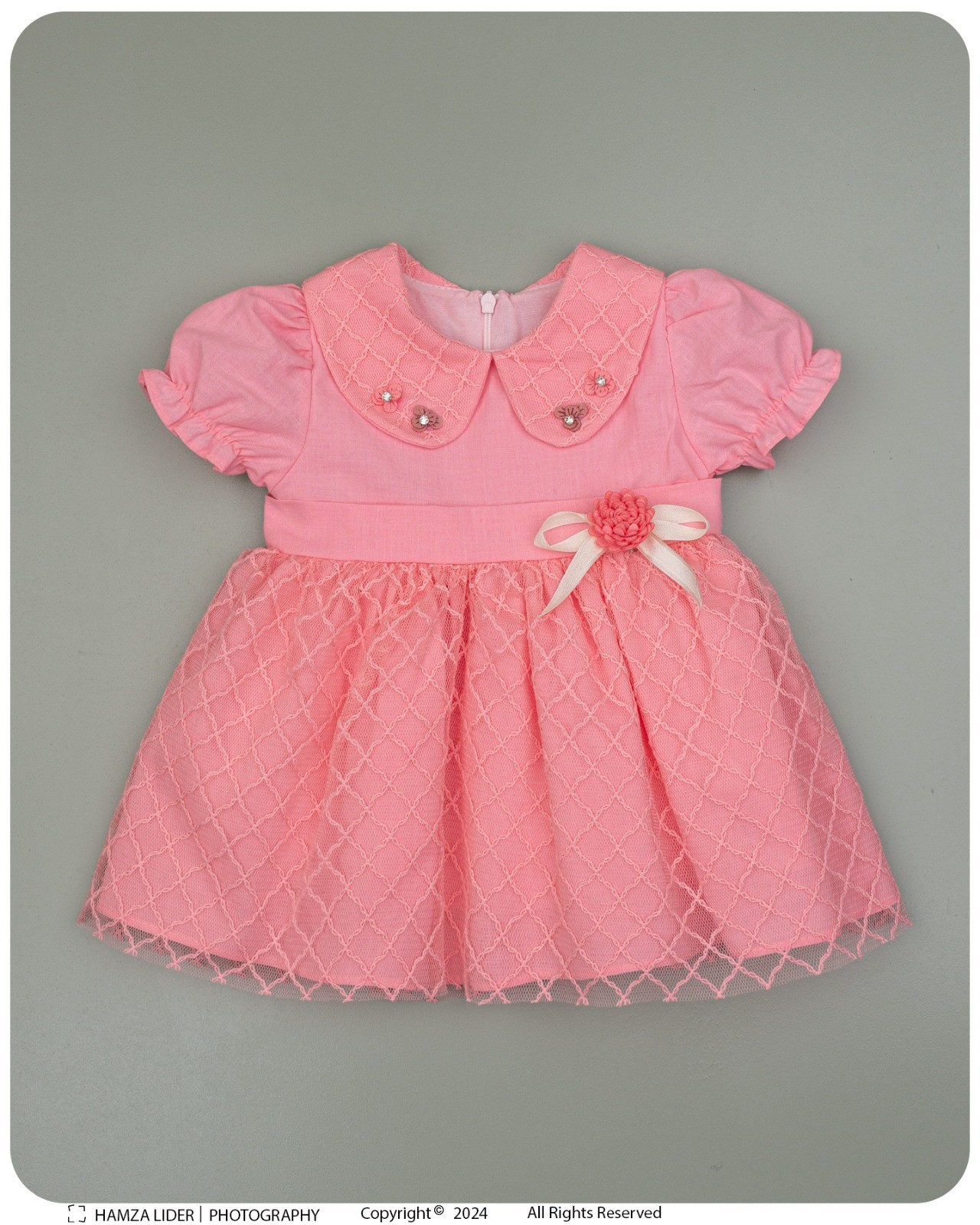Kız Bebek Keten Dantelli Elbise - Pembe