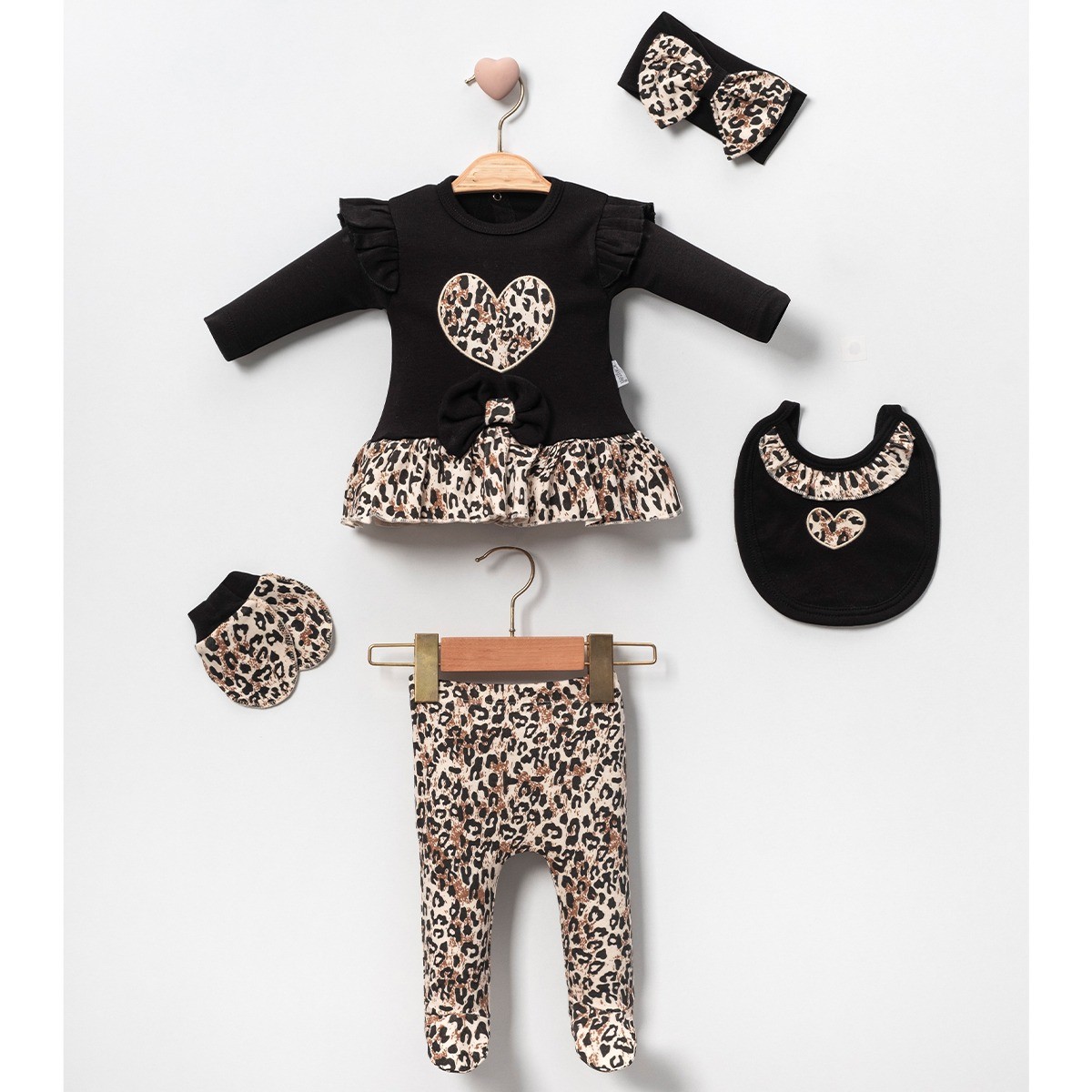 KIZ BEBEK KALPLİ LEOPAR DESENLİ 5 Lİ YENİDOĞAN SET - SİYAH