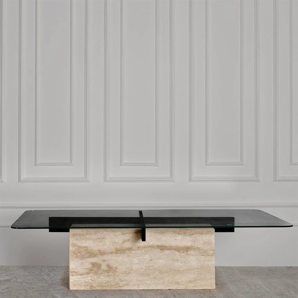 Cam Tablalı Metal Detaylı Traverten Mermer Sehpa