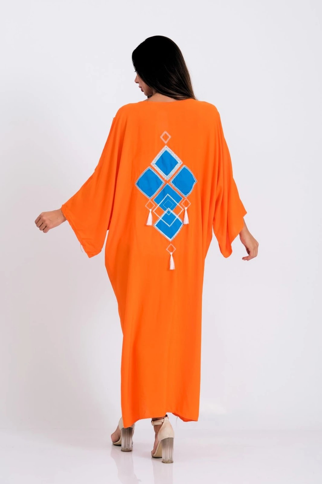 Orange V-Neck Oversize Long Shirt with Shoulder Window Pockets and Back Applique