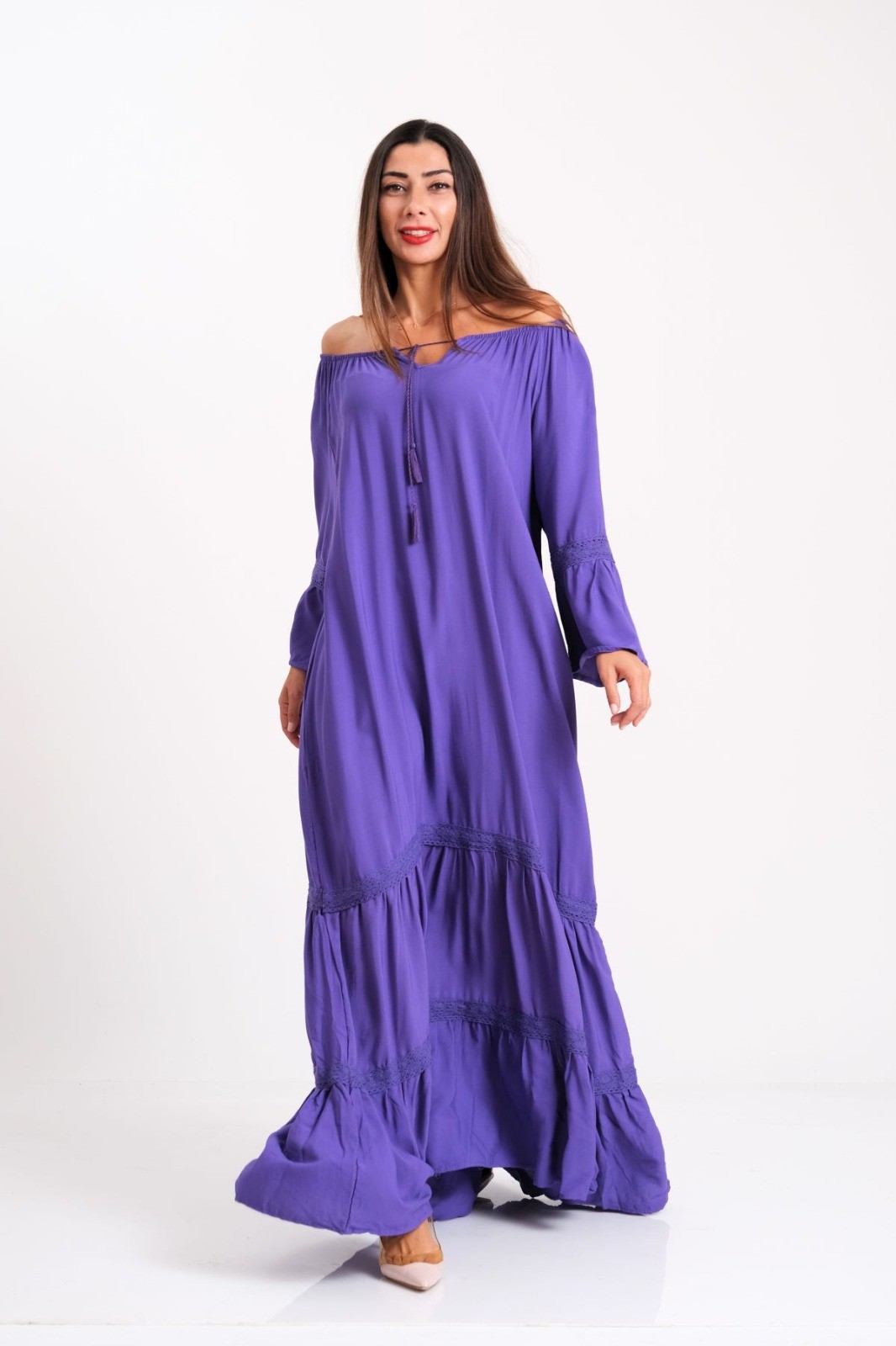 Purple Carmen Collar Frilly Sleeve Skirts Scalloped Oversize Long Dress