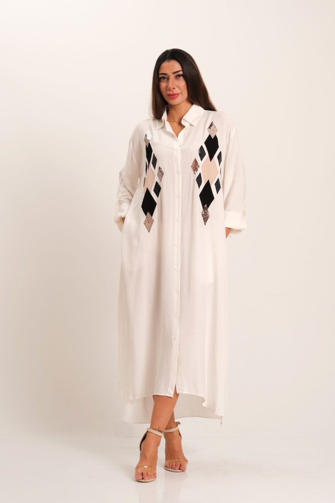 White Front Sequin Applique Embroidered Long Shirt Dress with Sleeve