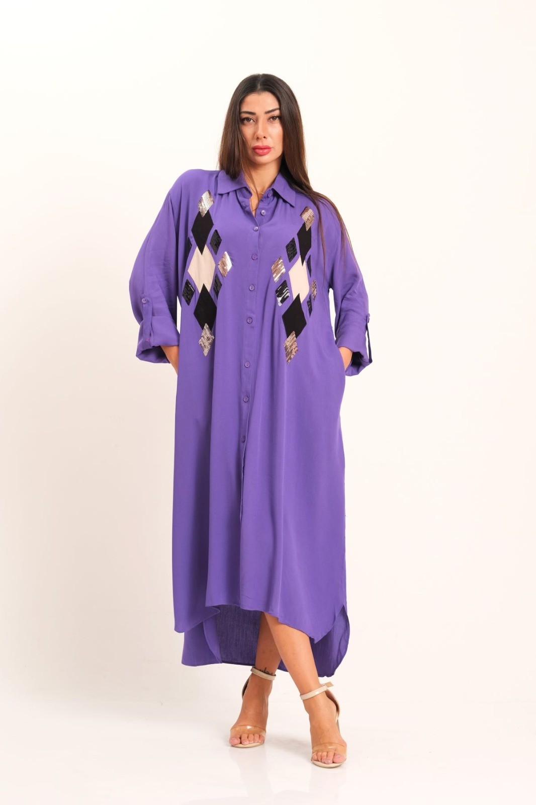 Purple Front Sequin Applique Embroidered Long Shirt Dress with Sleeve