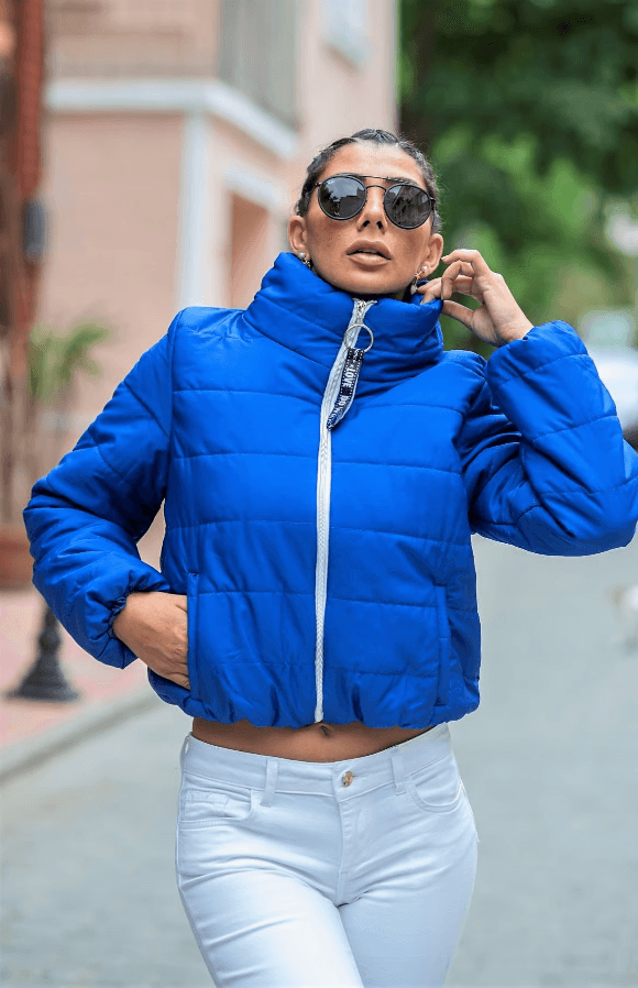 Sax Blue Stand Collar Waterproof Short Puffer Jacket