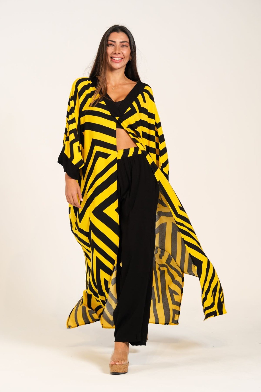 Yellow Black Patterned V-Neck Front Slit Pocket Tunic Trousers Double Set