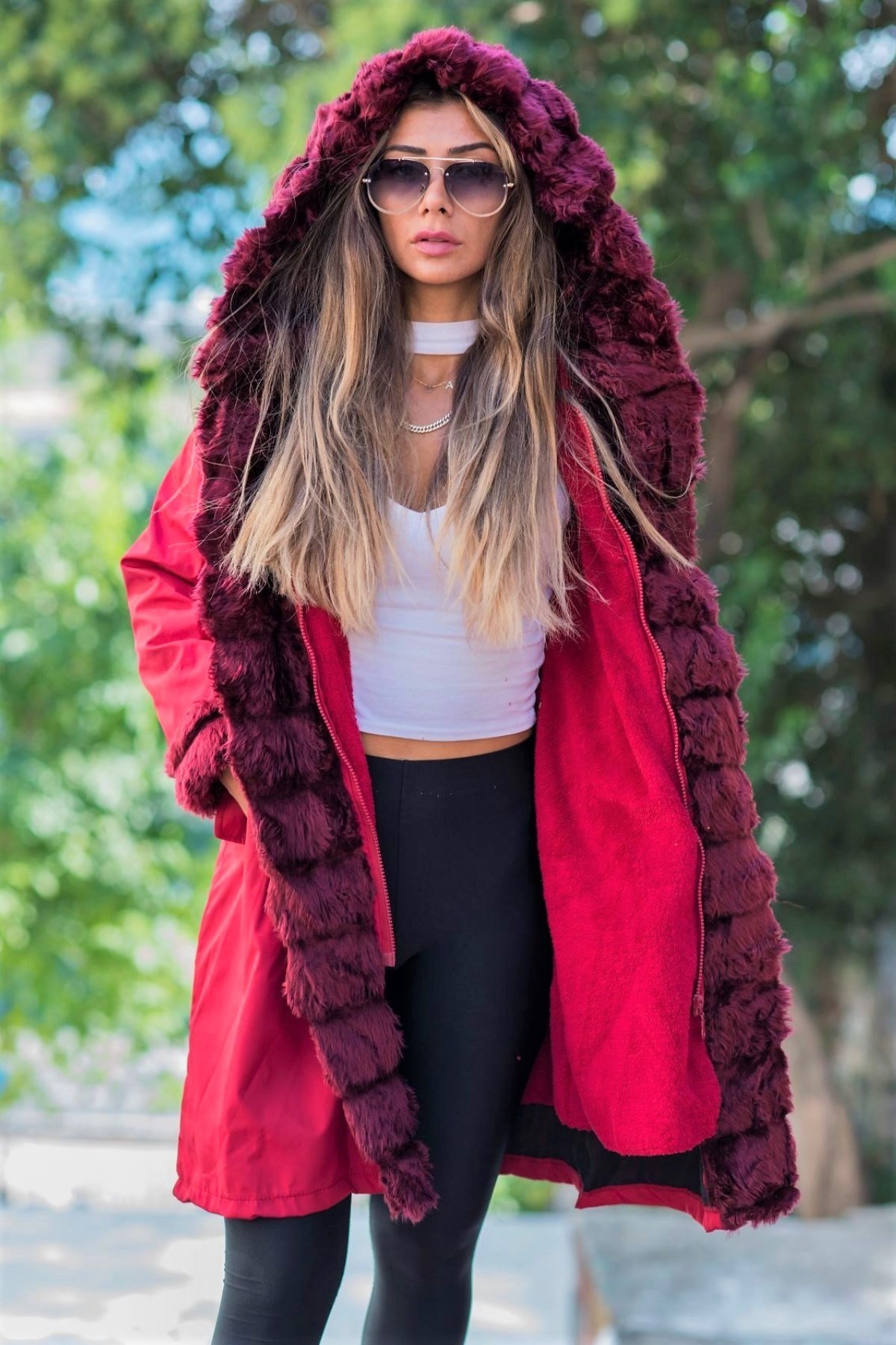 Burgundy Hooded Waterproof With Fur Inside Long Coat 