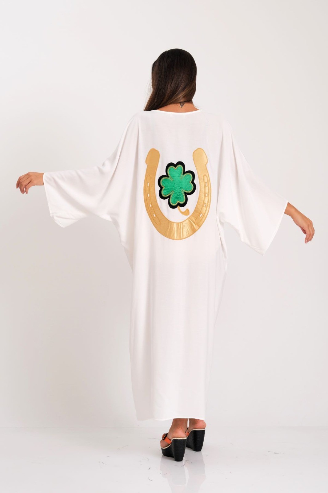 V-Neck Back and Pockets Clover Embroidered Oversize Long Shirt Dress